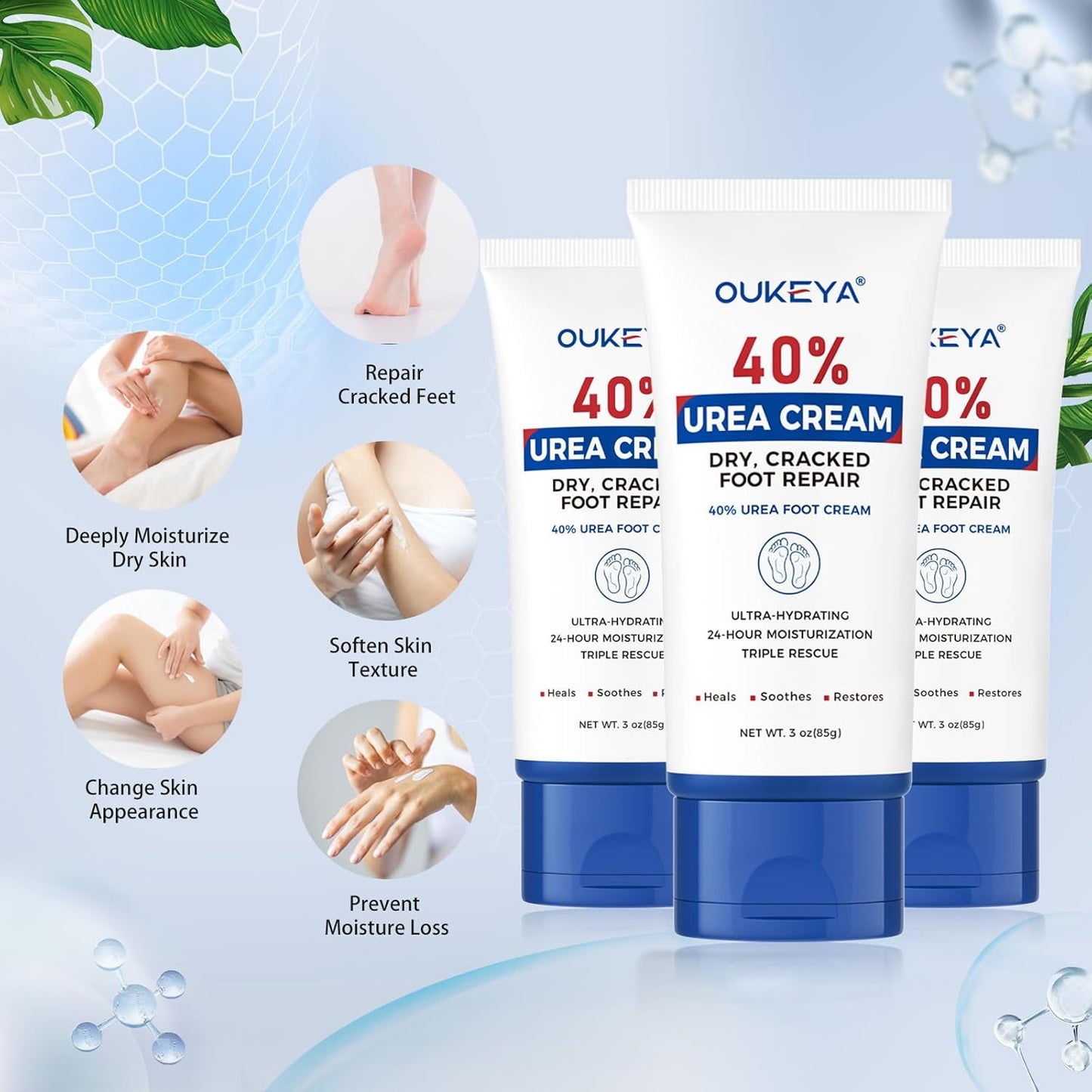 OUKEYA Urea Cream 40 Percent Tube 3 Oz, Urea Foot & Hand Cream for Dry Cracked, 40 per Urea Lotion for Feet Maximum Strength 3 Ounce(Pack of 3)