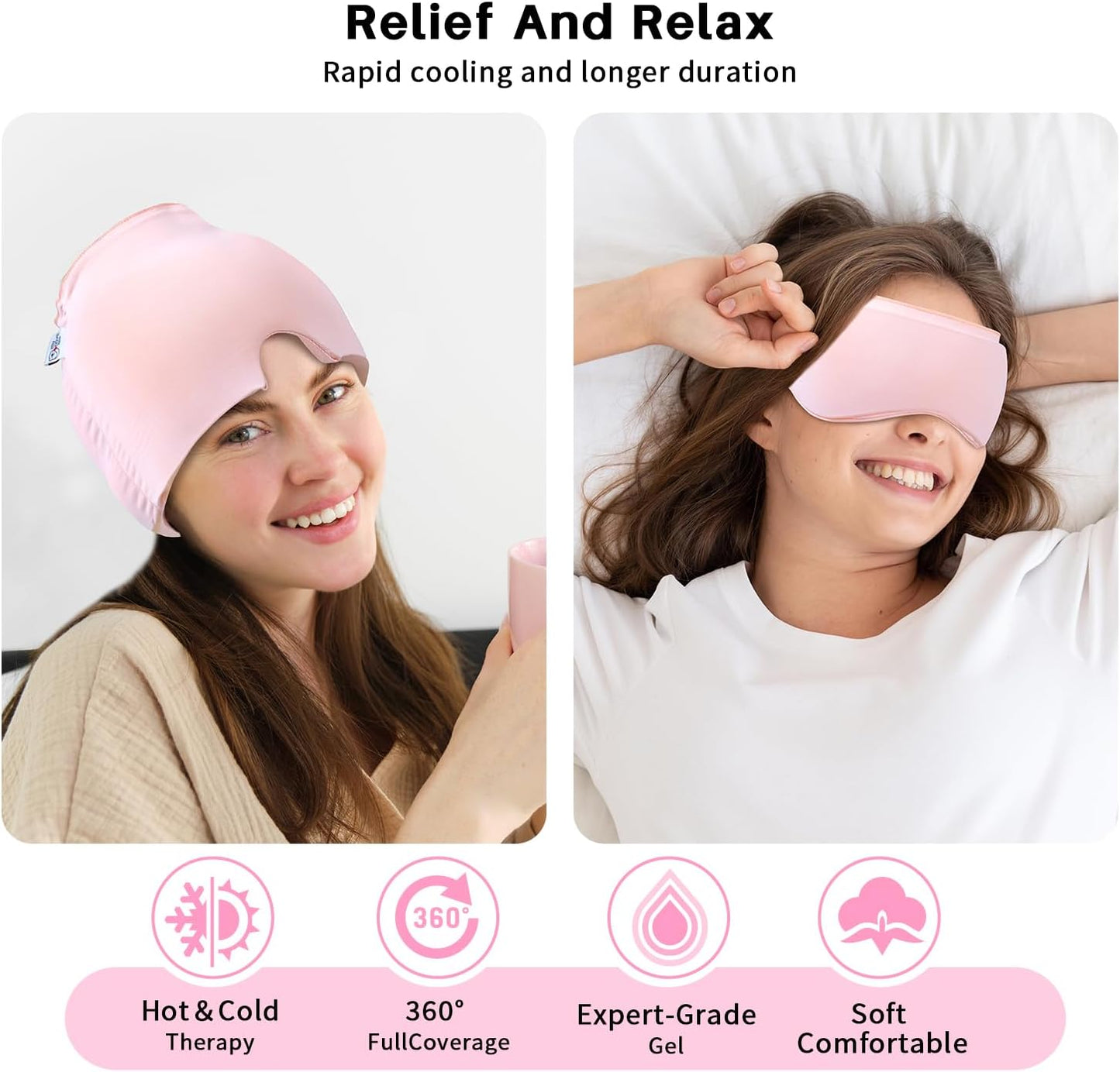 Migraine Relief Cap, Gel Cooling Eye Mask, Cooling Gel Relief 2 Pack Set, Hot/Cold Therapy, Cold Compress for Head, Headache Eyes Mask for Sinus, Puffy Eyes, Tension and Stress Relief