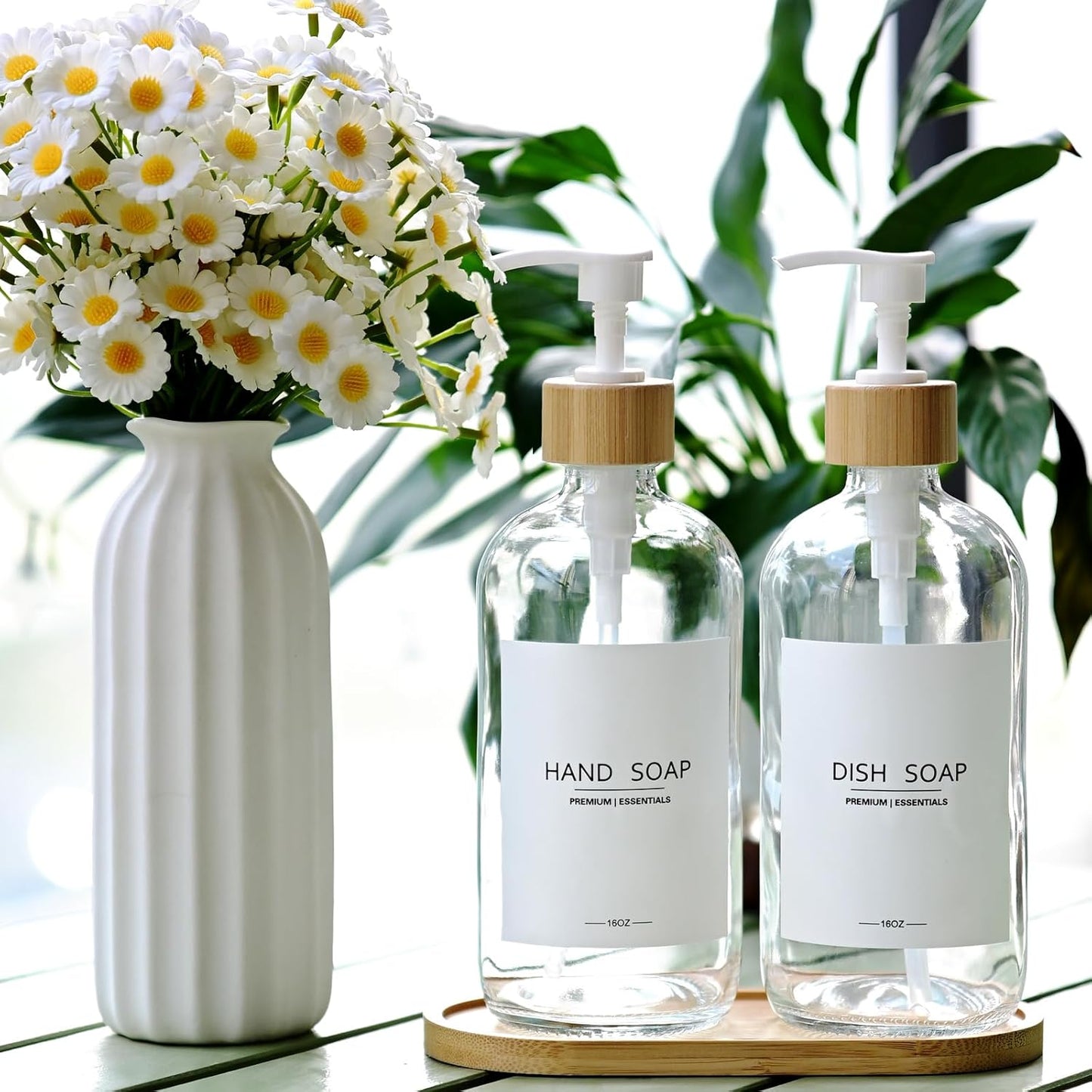 Luxury Glass Soap Dispenser Set - 2 Refillable 16.9oz Bottles, Bamboo Pump & Tray for Farmhouse & Modern Decor, 9 Waterproof Labels for Kitchen/Bathroom (Clear Bottle+White Bamboo Pumps+Tray)