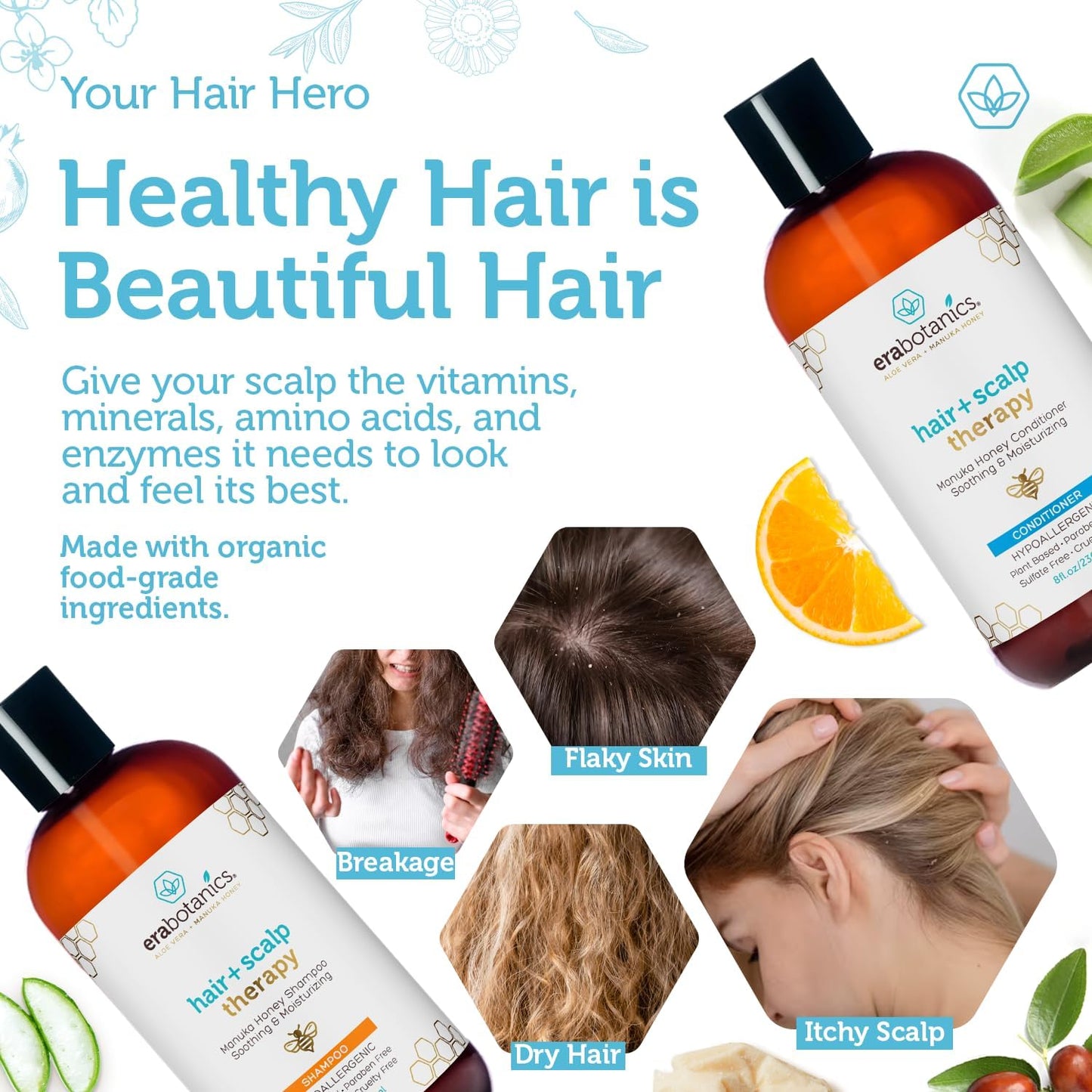 Era Organics Manuka Honey Shampoo & Conditioner - Sulfate-Free Shampoo & Conditioner Set To Moisturize Itchy, Dry Scalp & Damaged Hair - Soothing Aloe Vera & Argan Oil Formula for Women & Men