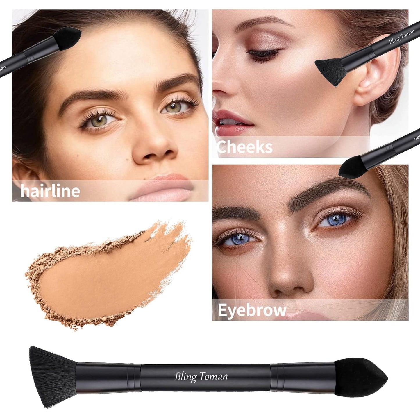 Dual-Ended Hairline Powder Brush Concealer Brush Precision Makeup Brush Set with Sponge Tip for Seamless Blending Hair Touch Up And Contouring Blending (Black Brush)