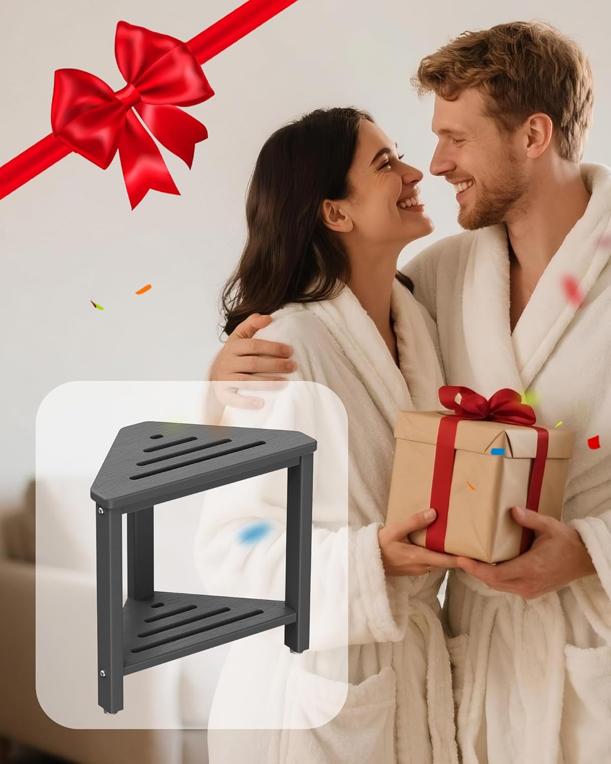 Shower Foot Rest 15in, HDPE Waterproof Shower Stool for Inside Shower, Corner Shower Stool for Shaving Legs with Storage Shelf for Small Space, Shower Step Stool, Plastic Corner Shower Bench, Grey