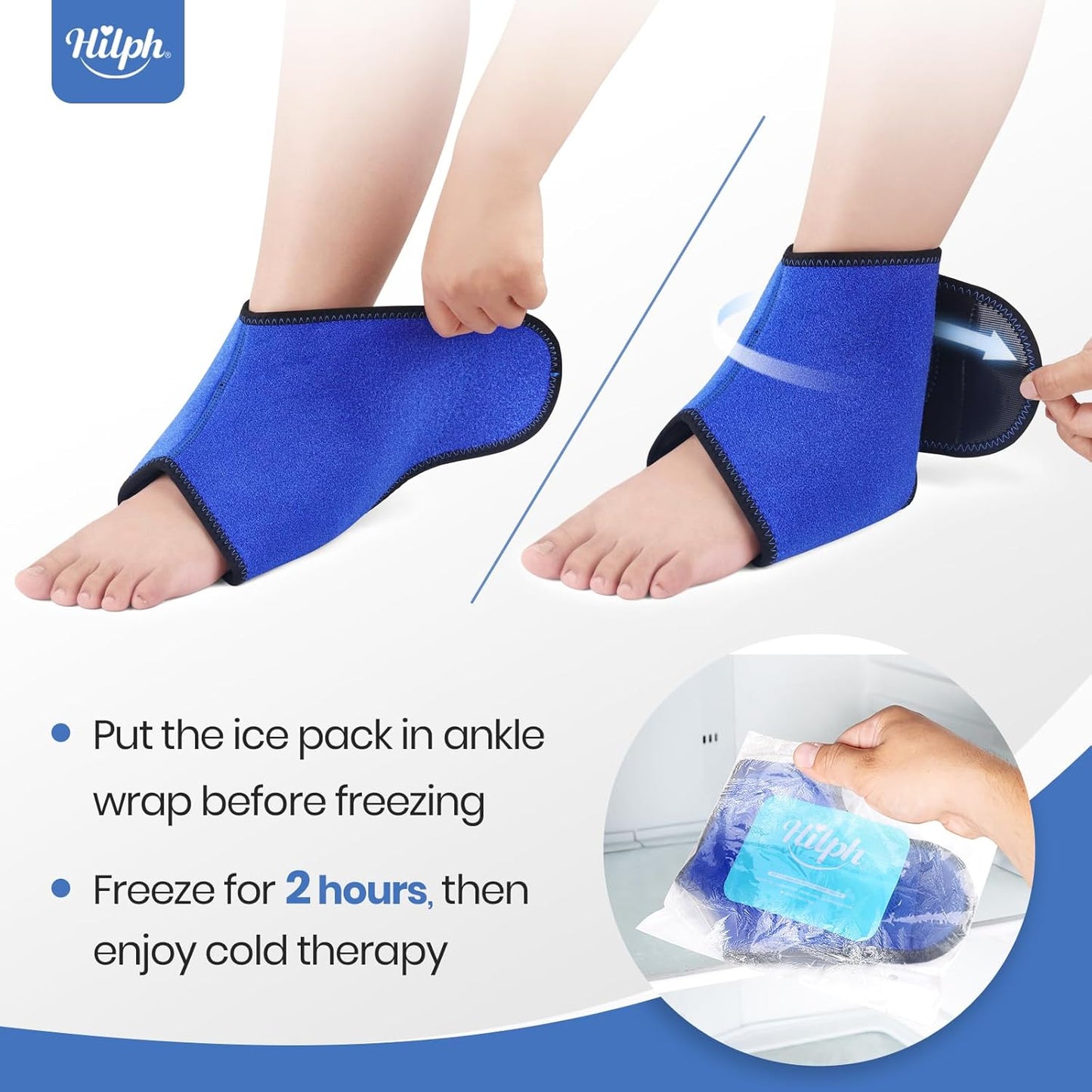 Hilph Ankle Foot Ice Pack Wrap for Sprained & Swelling, Reusable Ankle Brace with 2 Large Gel Ice Packs for Feet Injuries, Plantar Fasciitis, Achilles Tendonitis, Surgery Recovery, Hot/Cold Therapy