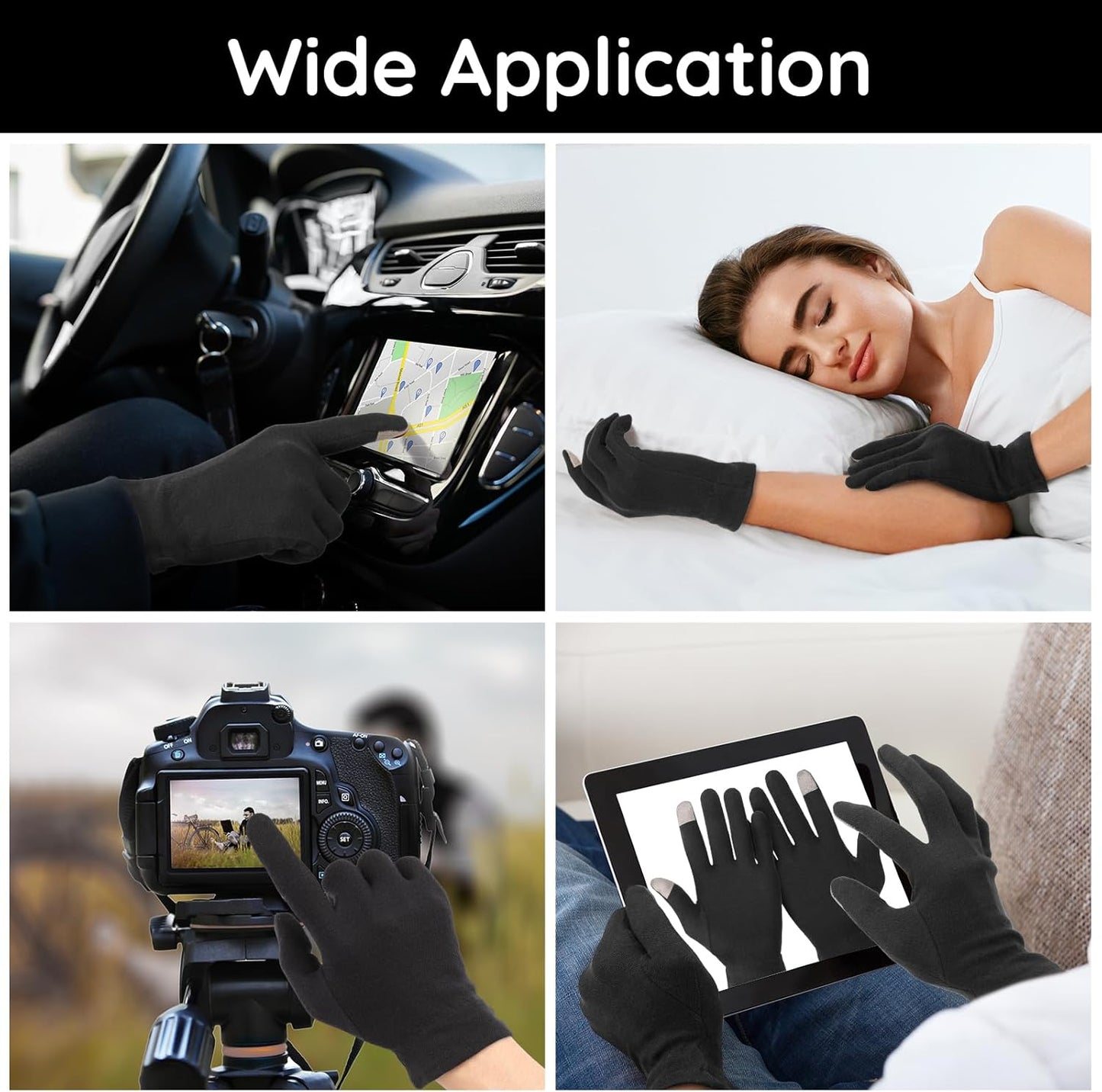 Segbeauty 20 Counts Elastic Cotton Work Gloves Black with Touchscreen Fingers, 10 Pairs Sleep Moisturizing Lotion Gloves Overnight for Women with Elastic Band, Gel Spa Cotton Work Glove for Arts Coins