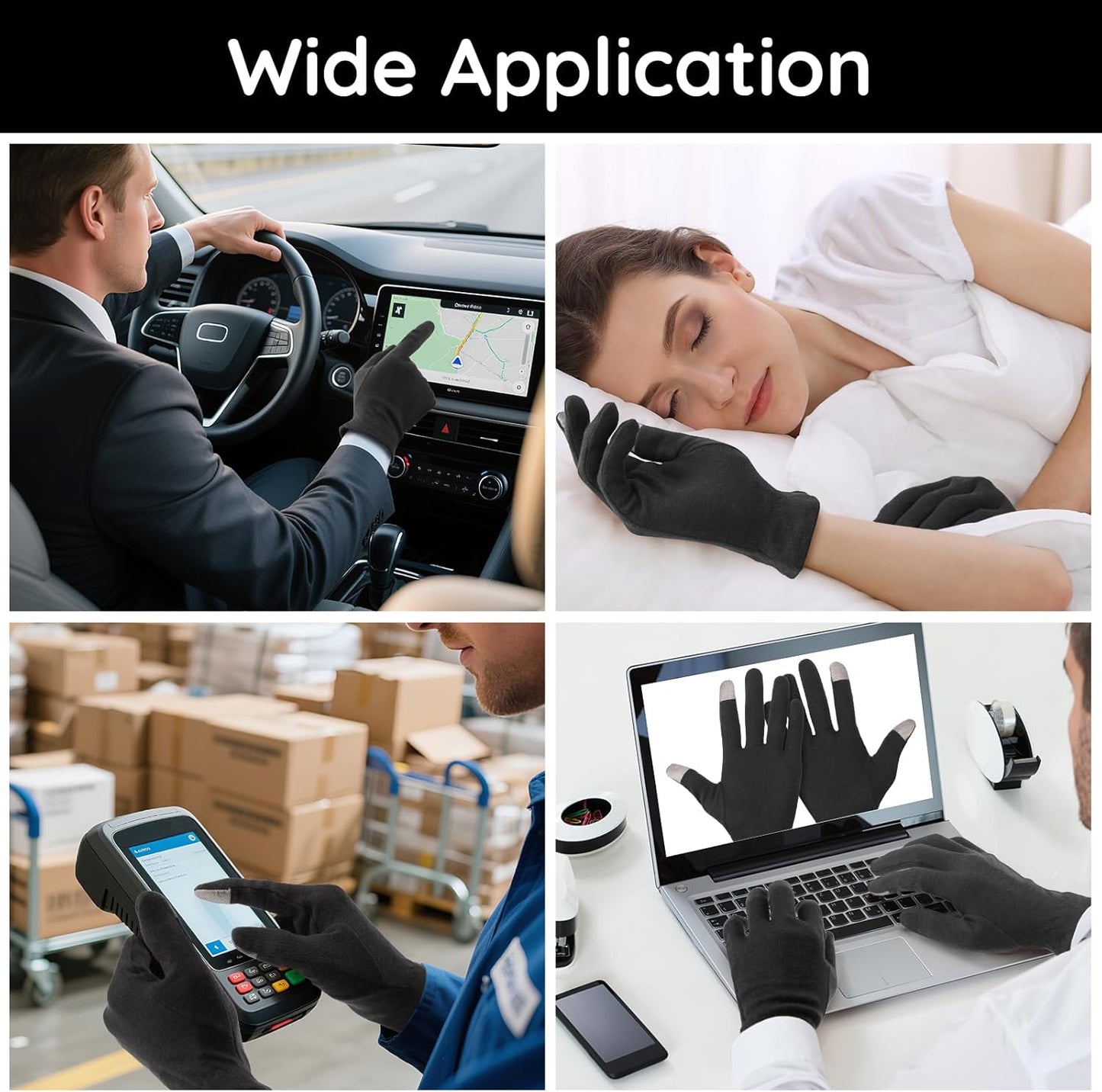 Segbeauty 20 Counts Elastic Touch Screen Black Lotion Gloves Overnight for Sleeping, 10 Pairs Working Moisturizing Cotton Gloves for Men with Elastic Band, Dry Hands Cotton Work Glove for Women Bulk