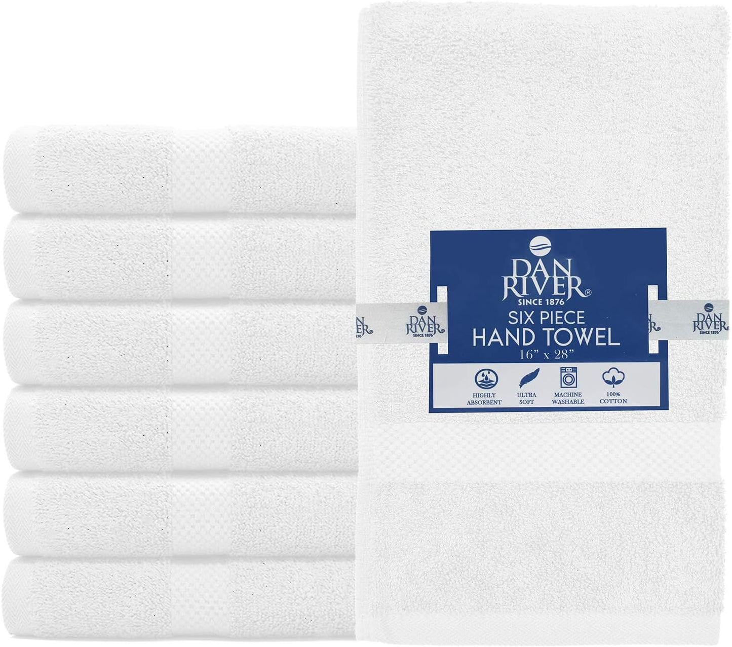 DAN RIVER 6-Pack Premium Hand Towels (16x28 Inches) - 100% Cotton, Ultra Soft, Lightweight, Highly Absorbent Towels for Bathroom, Spa, Gym, Salon, Hotel, and Travel - 550 GSM โ White