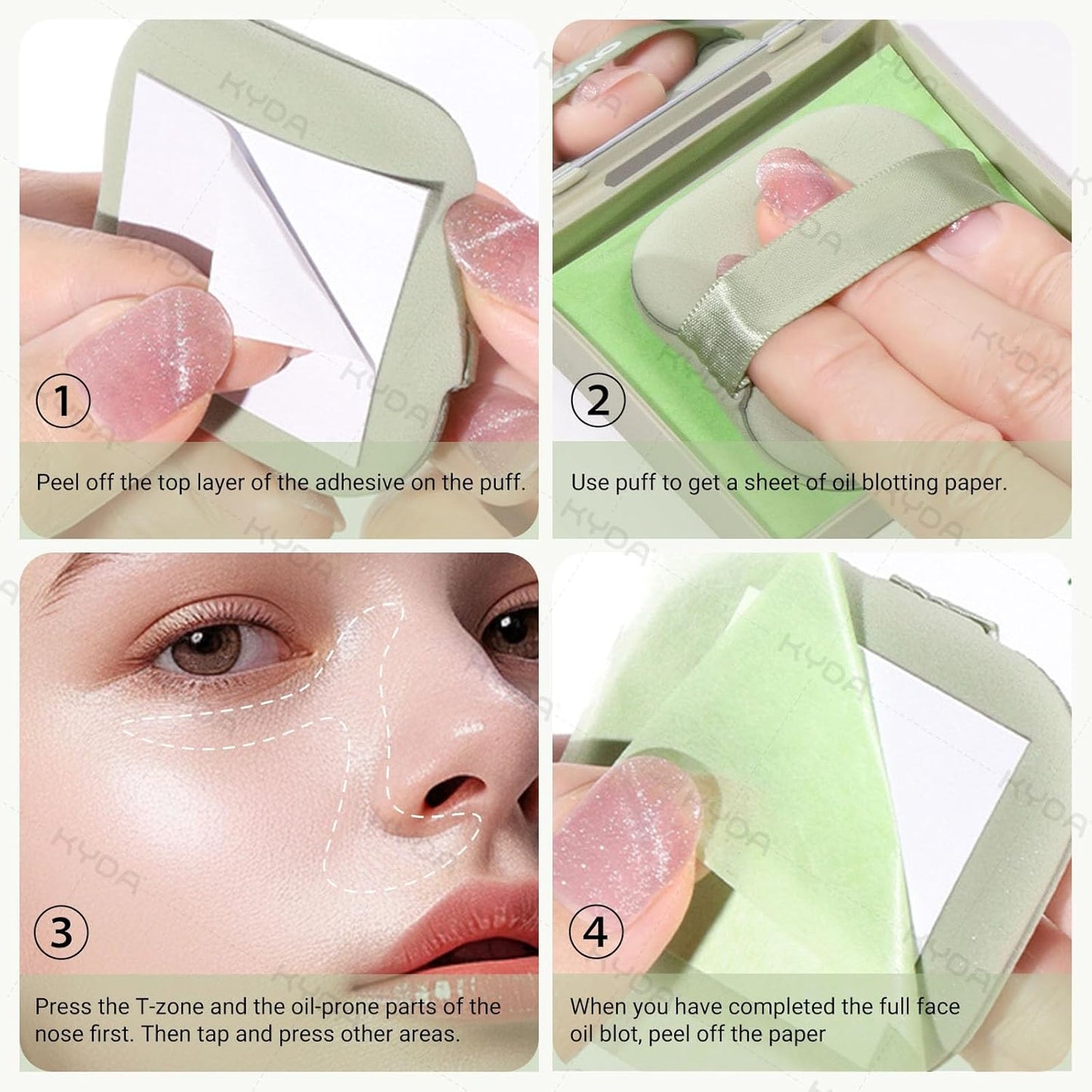 KYDA 200 Sheets Face Oil Blotting Paper, Included Refills, Mirror and Puff, Oil Absorbing Sheets for Makeup, Oil Control Shine, Absorb Excess Oil, Travel Size Gentle Face Makeup, Green Tea