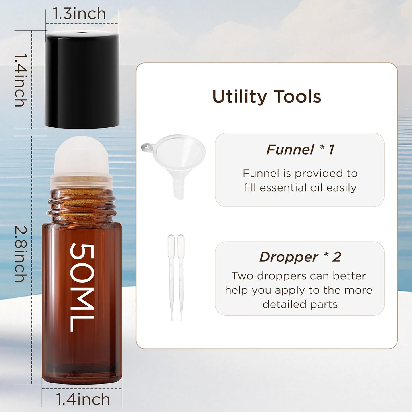 Essential Oil Roller Bottles, 2PCS (50ml/30ml) Thick Glass Perfume Roller Bottles with Funnel and Dropper Glass Empty Bottles Beauty and Personal Care Tools for Fragrance (Amber, 50ML)