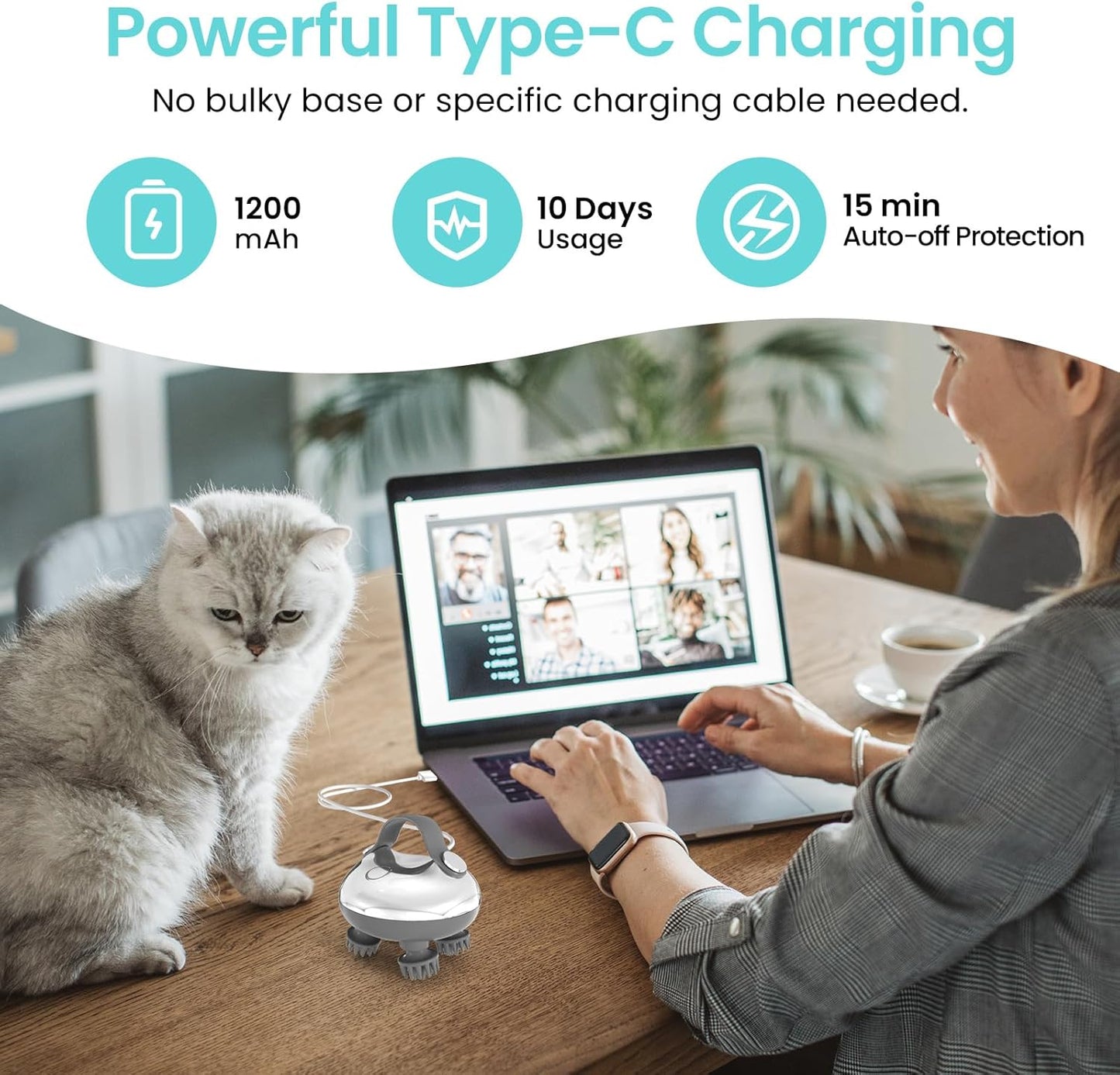 Portable Electric Scalp Massager - Rechargeable IPX7 Waterproof Heated Scalp Massager w/ 100 Kneading Nodes, 3 Speed Modes, 2 Massage Styles, 8 Claws for Scalp/Body Massage & Face Cleaning (Silver)