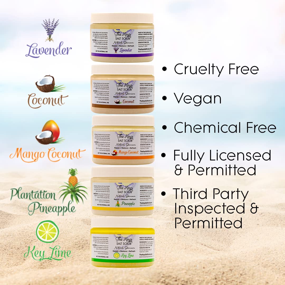 The Keys Salt Scrub -Sea Salt Scrub - Exfoliating Body Scrub with Wooden Spoon - Moisturizing Exfoliator for Hands, Foot, Bath, (12 Ounce (Pack of 3), Lavender)