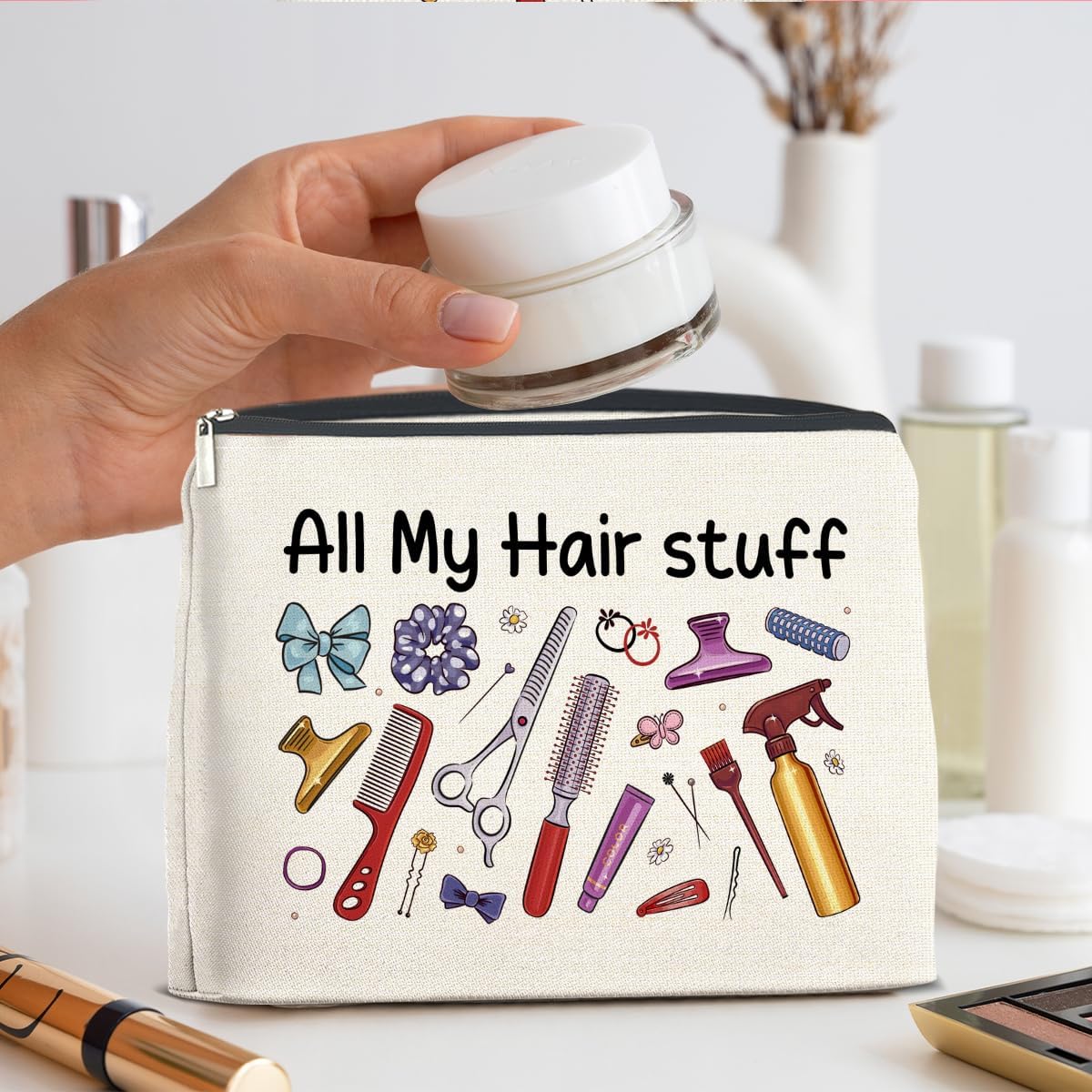 Hairstylist Gifts Makeup Bag Gifts for Women, Gift for Hairdresser Hair Stylist All My Hair Stuff Cosmetic Bag Zipper Makeup Pouch