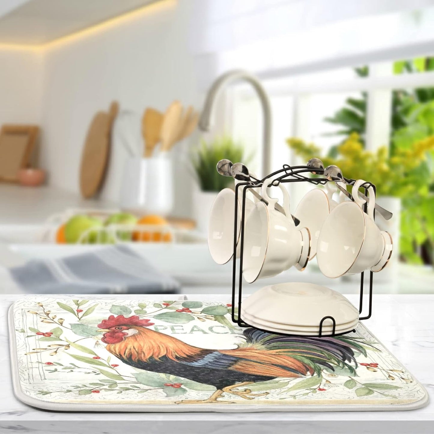 Farmhouse Rooster Farm Dish Drying Mats for Kitchen 18x24 inch Drying Mat Absorbent Microfiber Dish Mat Drainer Rack Mats Fast Dry for Kitchen Counter