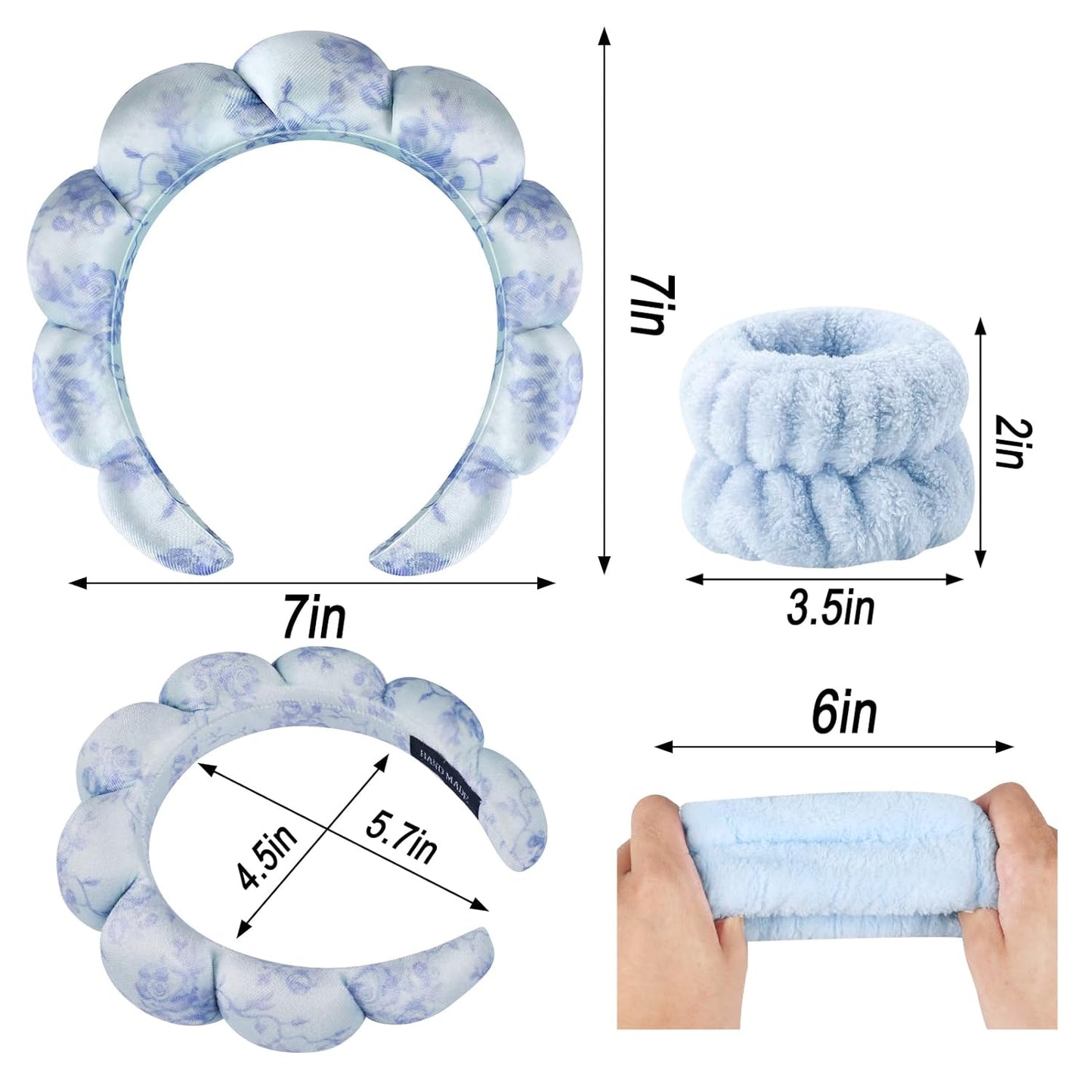 Zkptops Spa Headband for Washing Face Wristband Set Flower Sponge Makeup Skincare Velvet Fabric Bubble Soft Get Ready Hairband for Women Puffy Headwear Non Slip Thick Thin Hair Accessory(Blue Flowers)