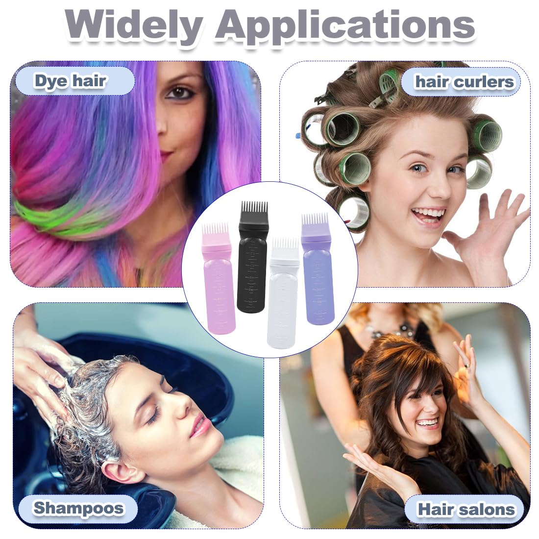 4 Pcs Root Comb Applicator Bottle 6oz,Hair Oil Applicator Bottle for Hair,Oil Comb Applicator Hair Bottle Applicator for Hair Dye Shampoos Hair Salons Camping Traveling (black+white+purple+pink)