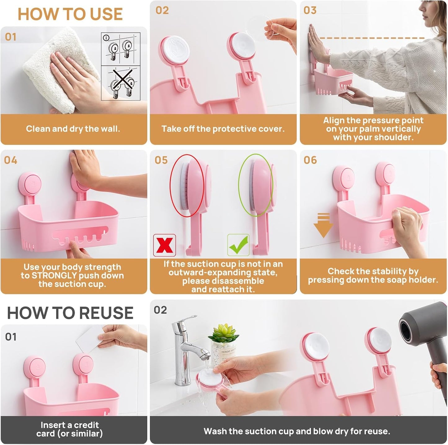 LEVERLOC Shower Caddy Suction Cup, Shower Organizer Removable Bathroom Shelf, Storage Suction Powerful Max Hold 22lbs Bathroom Caddy Waterproof Holder, Pink