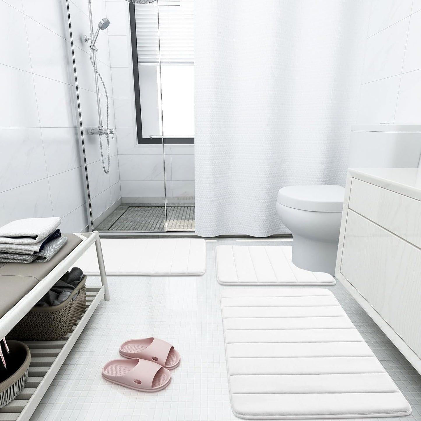 Buganda Memory Foam Bath Mat, 47" x 17", Ultra Soft and Non-Slip Bathroom Rugs, Water Absorbent and Machine Washable Bath Rug Runner for Bathroom, Shower, and Tub, White