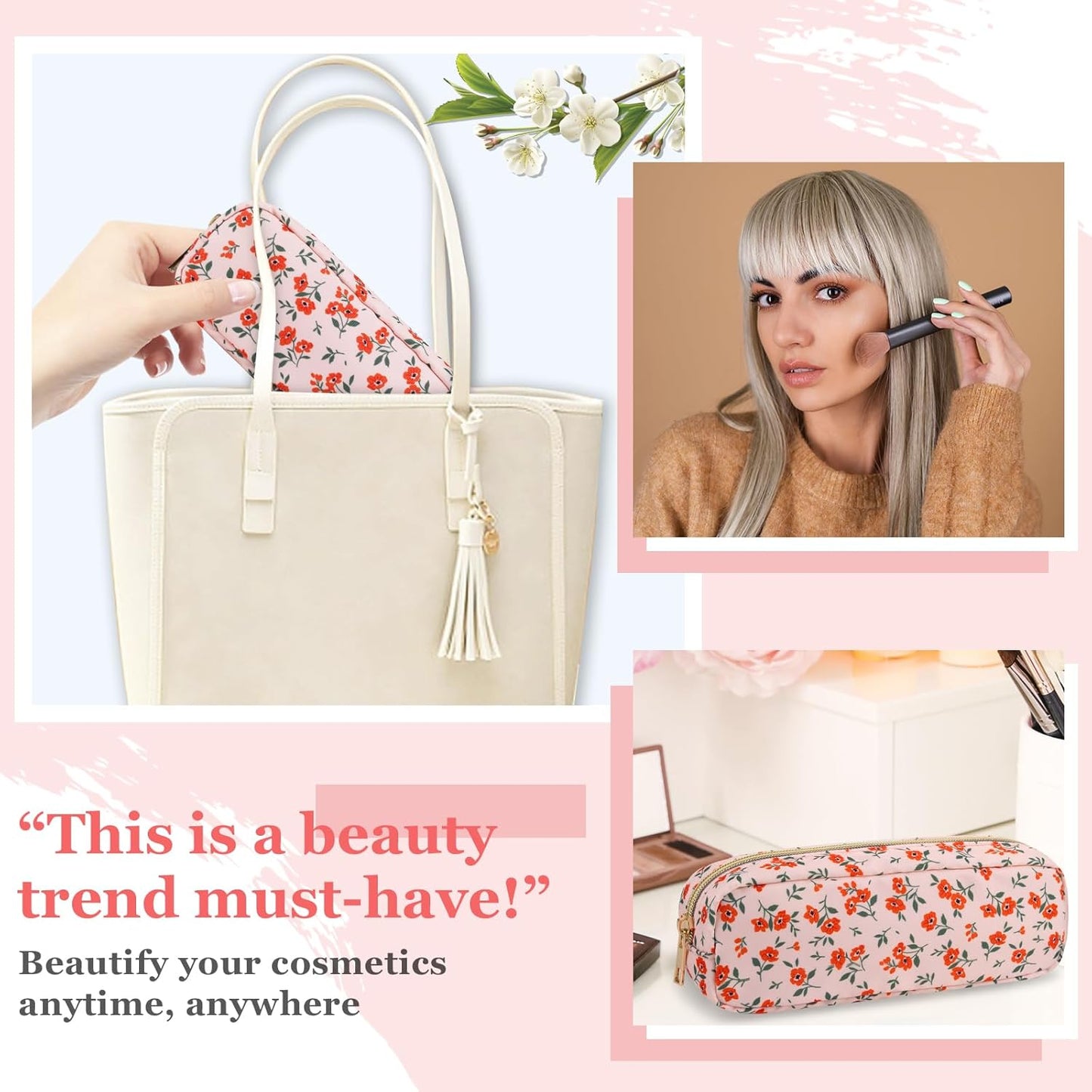 Nylon Small Floral Makeup Bag Slim Pouch, Preppy Cute Makeup Brush Bag Pink Makeup Bag Flower Cosmetic Zipper Pouch for Purse, Waterproof Travel Toiletry Bag Make Up Organizer for Women(Pink-Floral)