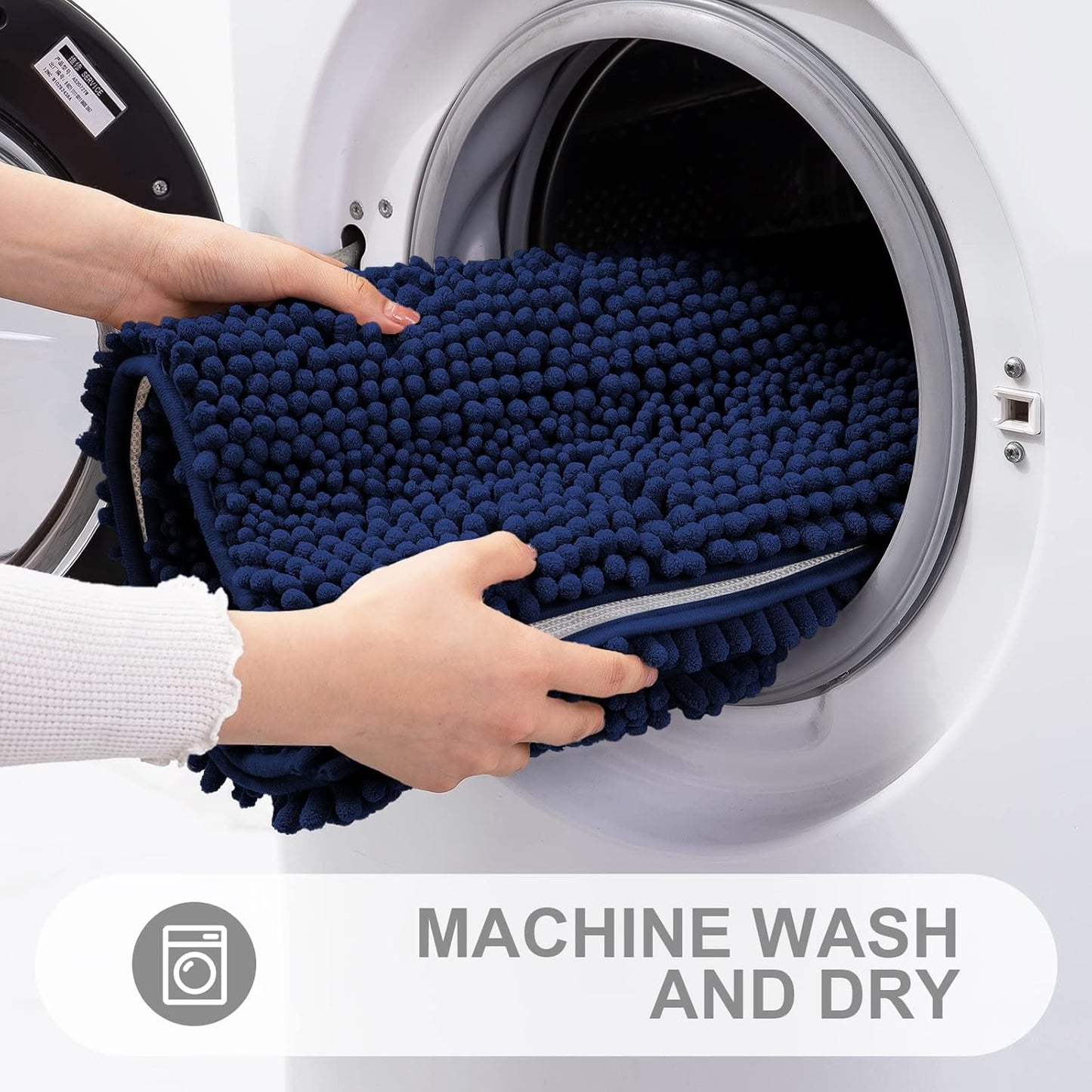 Grandaily Chenille Striped Bathroom Rugs 47x20, Extra Thick and Absorbent Bath Mats, Non-Slip Soft Plush Shaggy Shower Carpet, Machine Wash Dry, Bath Rug for Bathroom, Navy