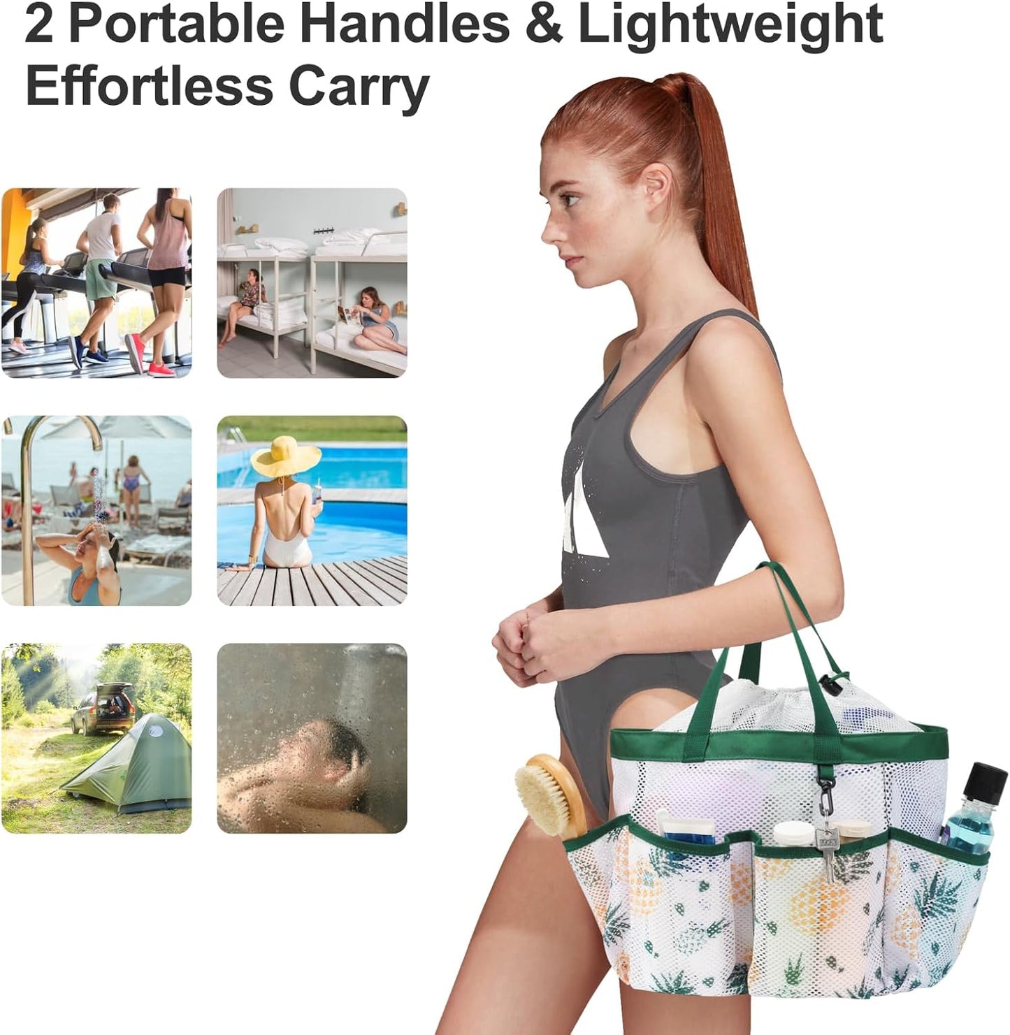 F-color Mesh Shower Caddy Portable with Drawstring - Upgrade Deeper 7 Pockets Dorm Room Essentials for Guys Girls with S Hook, Shower Bag Basket Tote for College Camping Bathroom, Green Pineapple