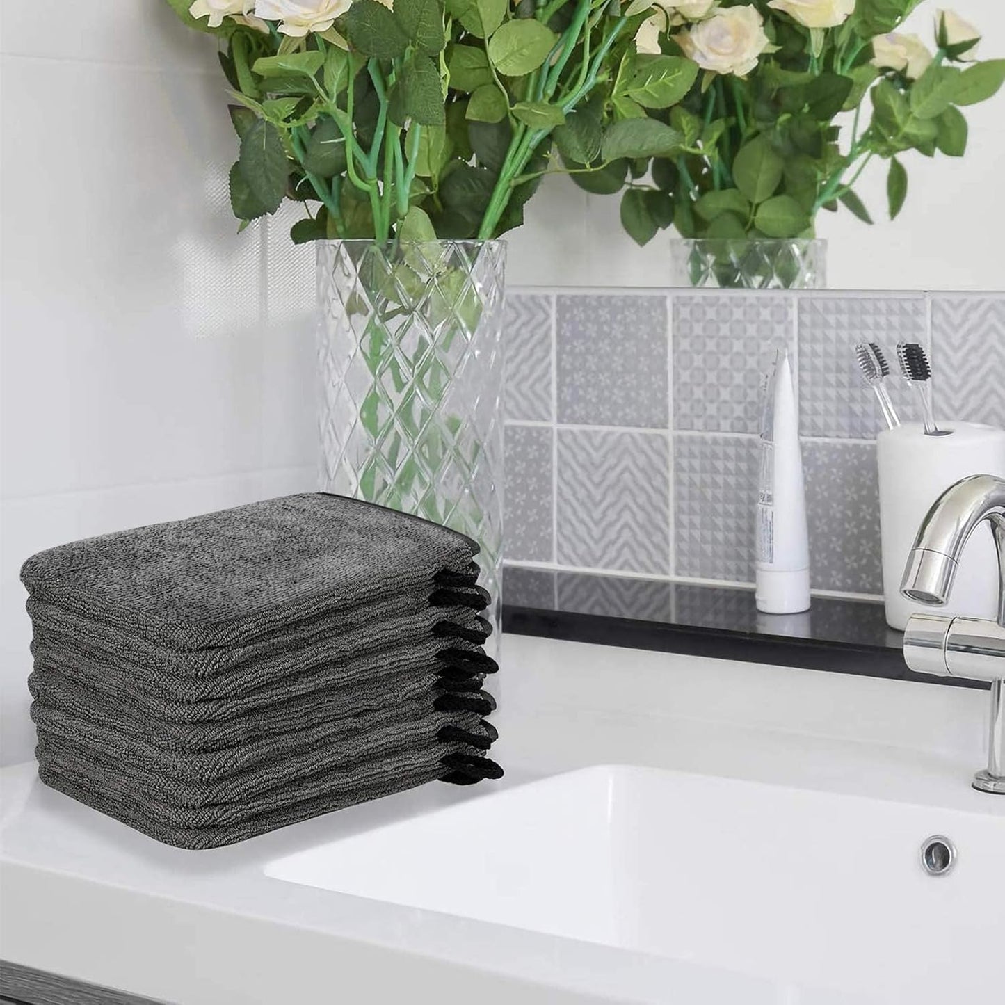 PHOGARY 10 Pack Microfiber Body Wash Mitts, Soft Face Mitten, Bath Spa Cloth, Reusable Makeup Remover Mitt Gloves, European Style Wash Cloth, 6×8 inch (Grey)