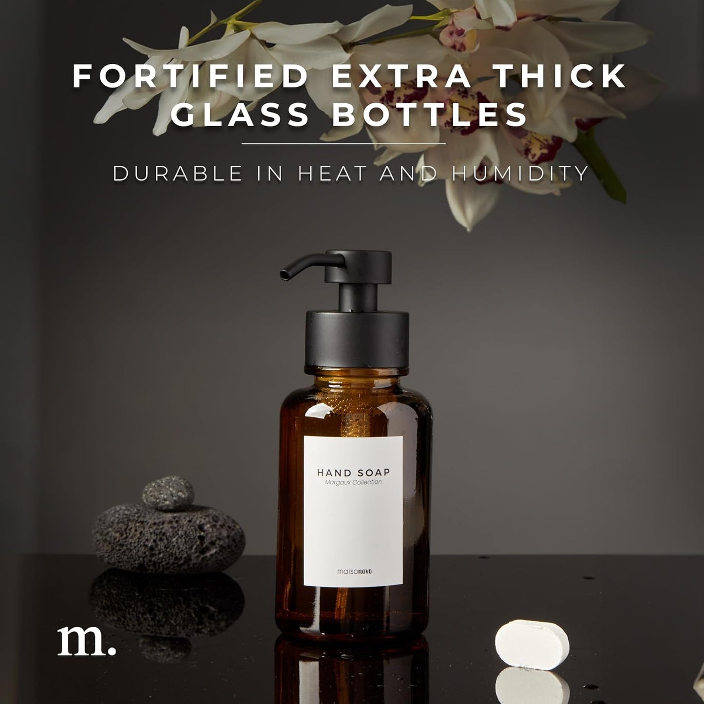 MaisoNovo Glass Foaming Hand Soap Dispenser 14 Oz | Amber Foaming Soap Dispenser Black Pump x 1 w/Labels