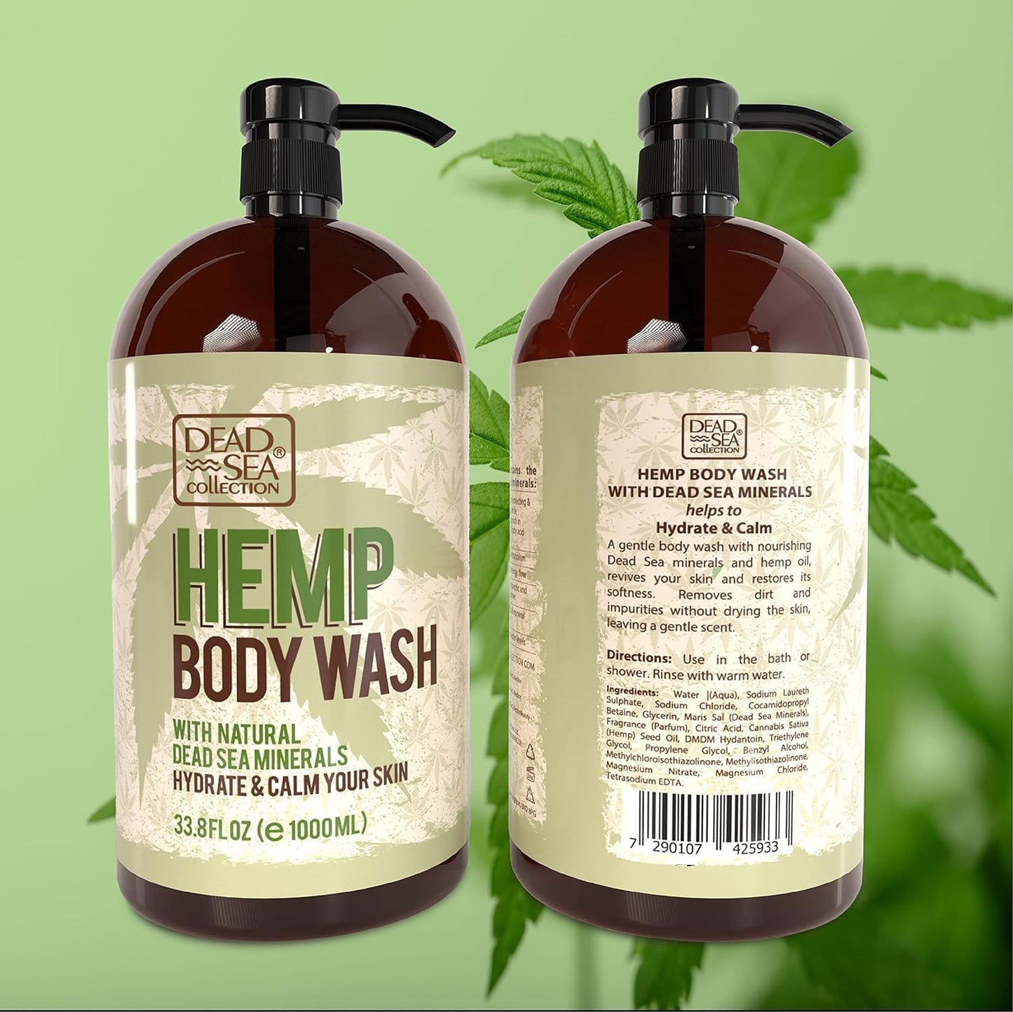 Dead Sea Collection Hemp Body Wash for Women and Men – Hemp Oil Infused with Dead Sea Minerals – Moisturizing Shower Gel for Dry & Sensitive Skin – 33.8 fl oz