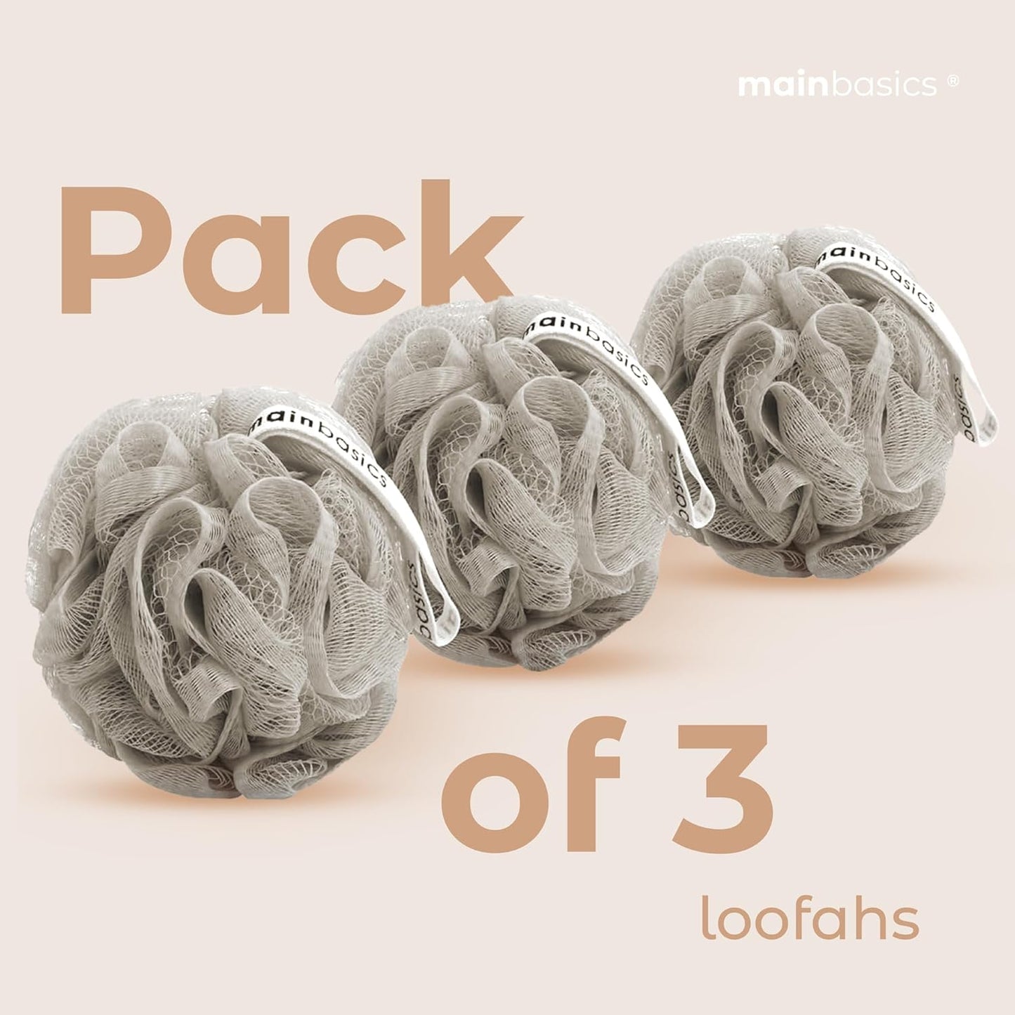 MainBasics Bath Shower Loofah Sponge Pouf Body Scrubber Exfoliator Body Wash Sponge (Set of 3, Totally Taupe)