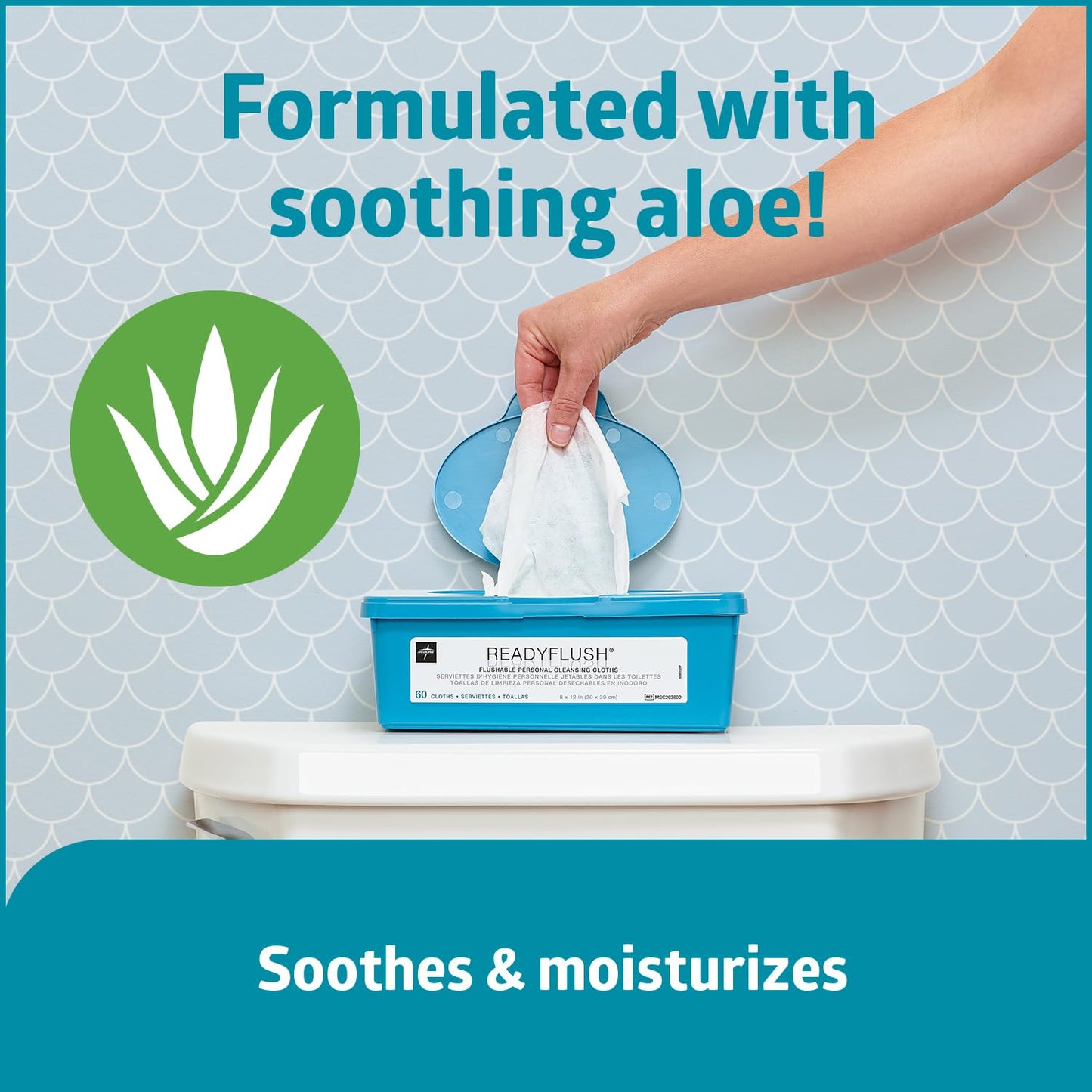 Medline ReadyFlush Flushable Wipes (60 Wipes per Tub), Scented, Biodegradable Flushable Incontinence Wet Wipes for Adults with Aloe, Hypoallergenic & pH-Balanced Personal Cleansing Cloths