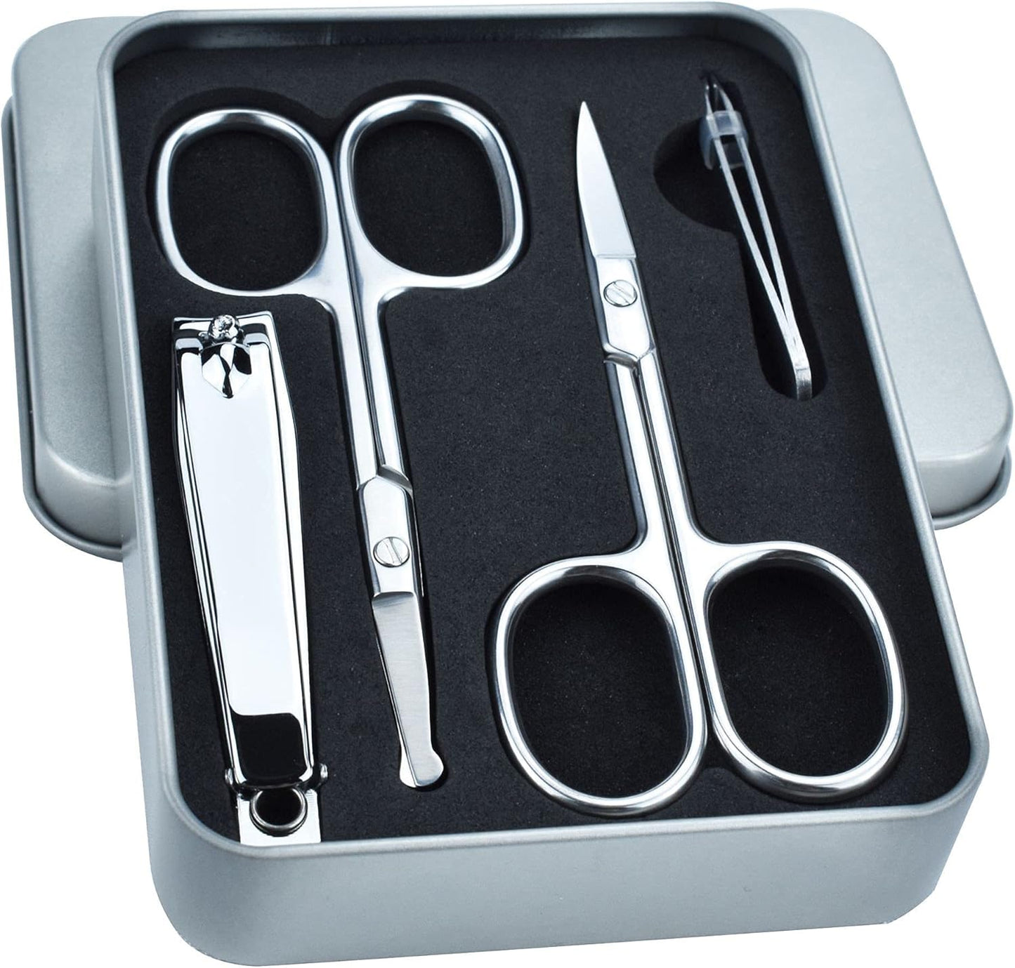 5Pcs Beauty Grooming Eyebrow Scissor Men Women Facial Nose Hair Scissor Curved Round Blunt Mustache Beard Manicure Pedicure Trimmer Set Stainless Steel Slant Tweezers Nail Clipper Pet Dog Scissor Kit