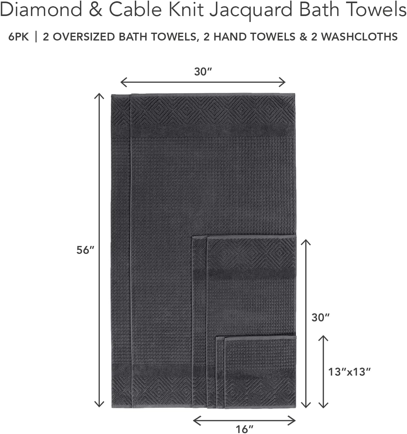 Texere 100% Organic Cotton Diamond Jacquard 700 GSM Luxury Bath Towel Sets - Ultra Soft and Absorbent Hotel Quality, 2 Large Bath Towels, 2 Hand Towels, 2 Washcloths (Diamond, Charcoal, 6 Piece)