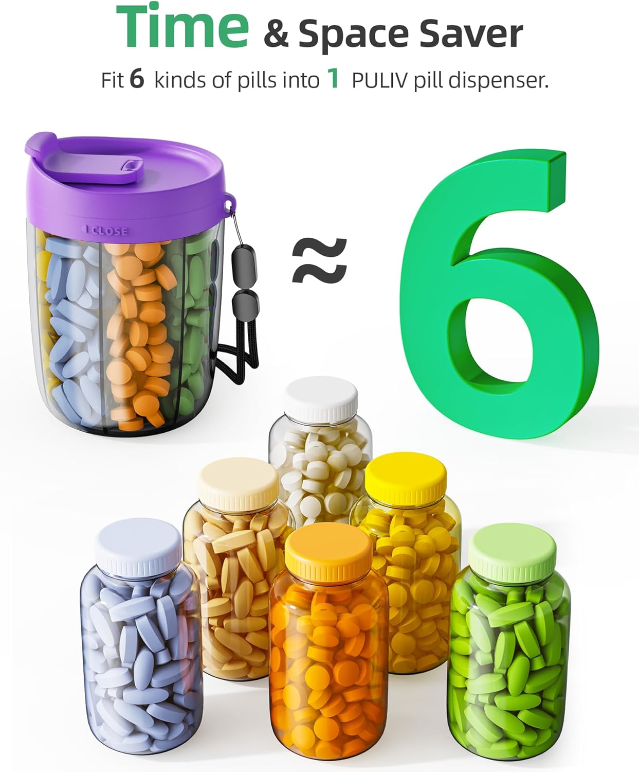 PULIV Large Supplement Organizer Bottle, Holds Plenty of 6 Various Vitamins in 1 Pill Dispenser with Anti-Mixing & Wide Openings Design, Easy to Retrieve Meds, Includes 20 Pcs Labels Dark Purple