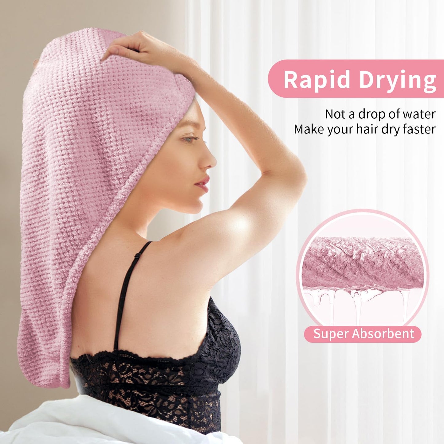 3 Pack Hair Towel Wrap for Women, 25.4" x 9.8" Microfiber Towels, Super Absorbent Quick Dry with Button for Curly Hair Anti Frizz (Pink,White,Purple)