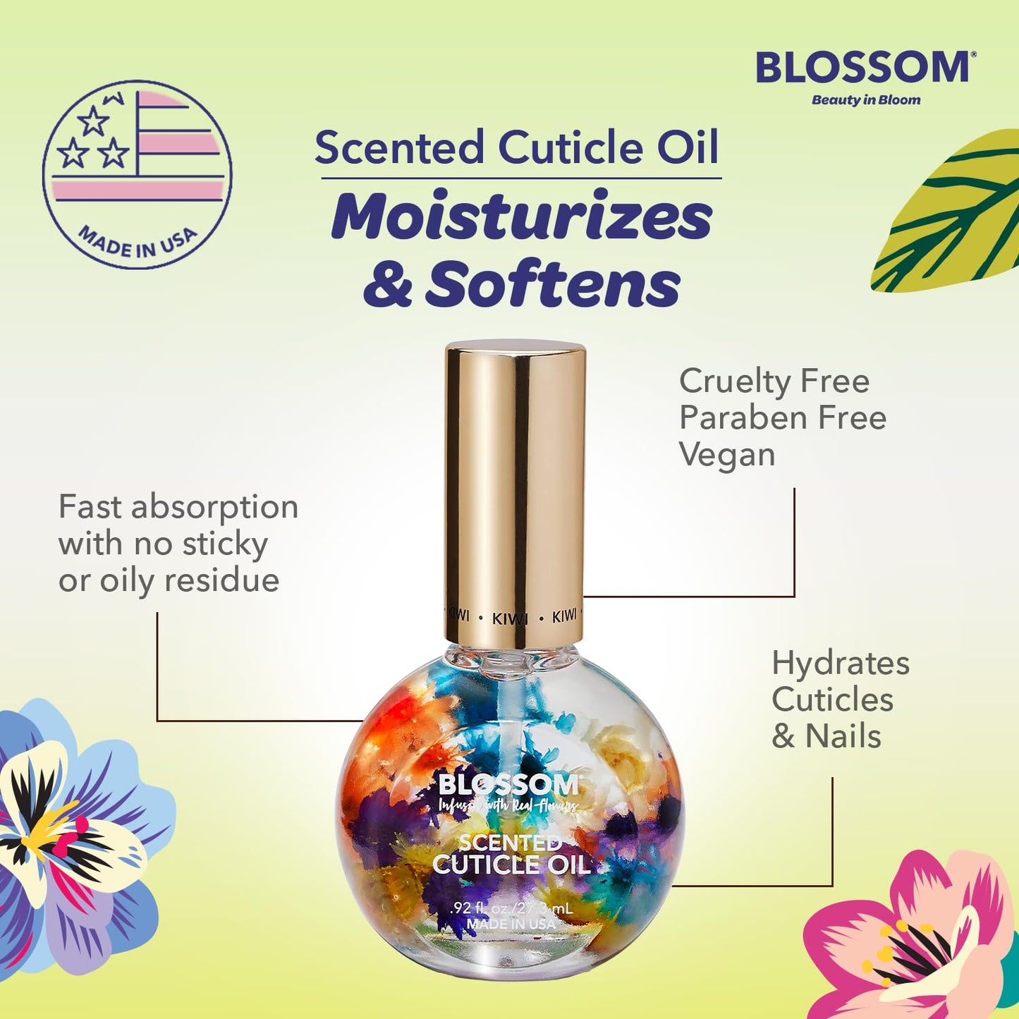 Blossom Cuticle Oil for Nails, Hydrating, Moisturizing, Scented Nail Oil Cuticle Care, Infused with Real Flowers, Made in USA, 0.92 fl. oz, Kiwi