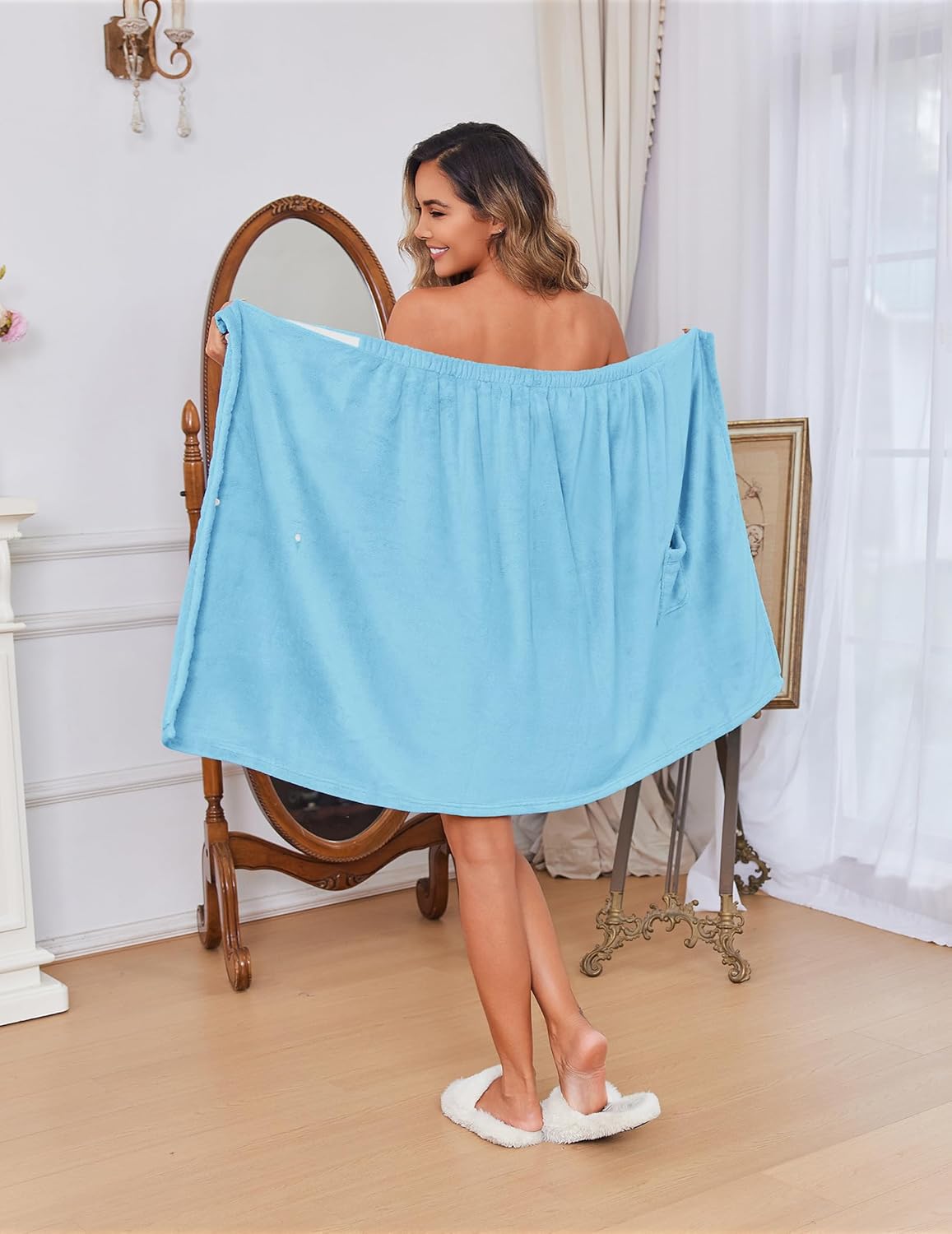 Ekouaer Women's Plush Towel Wrap Soft Lightweight Shower Wrap Absorbent Spa Body Wrap Bath Robe with Velcro S-L