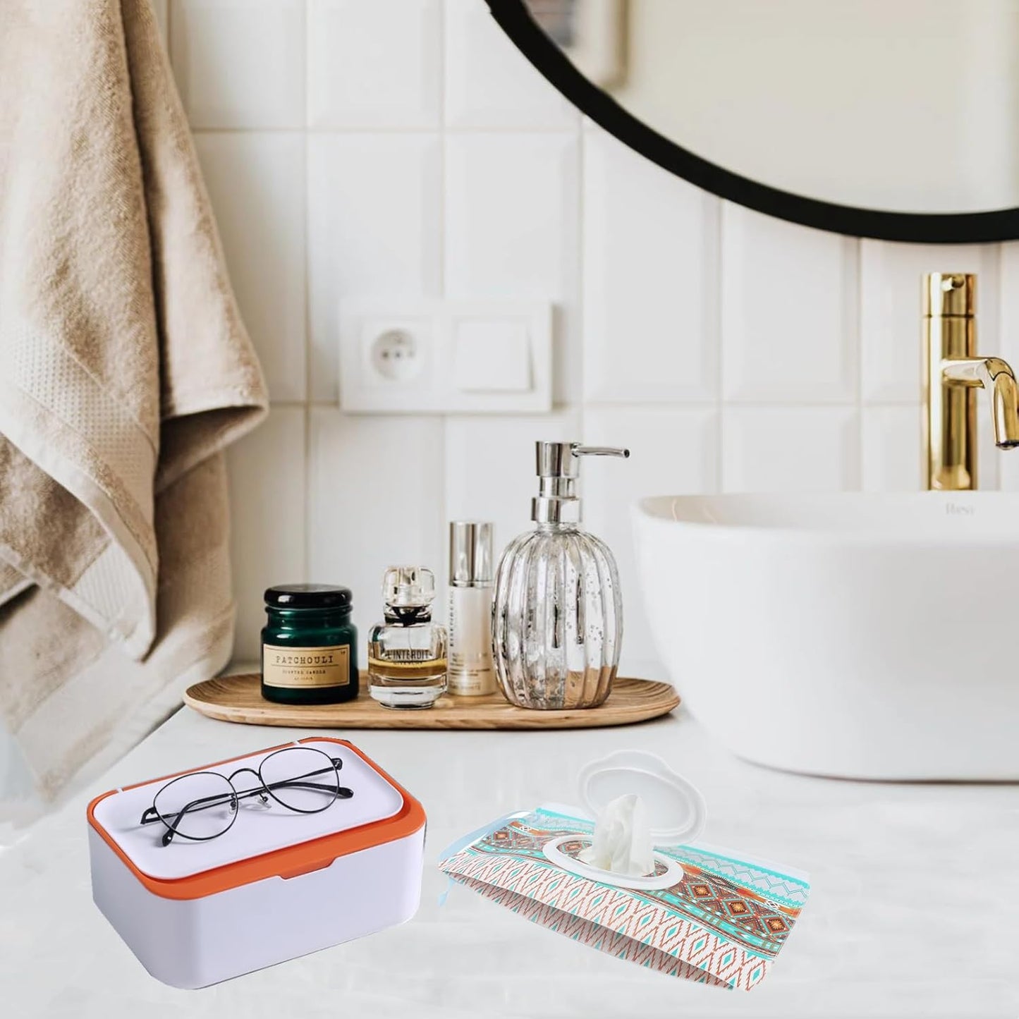 Wipes Dispenser with 2Pcs Portable Refillable Wipe Holder,Reusable Large Wipe Holder Box Flushable Wipes Case Bathroom Wipes Container for Pet Nursery Kitchen Office Counter (White-Orange)