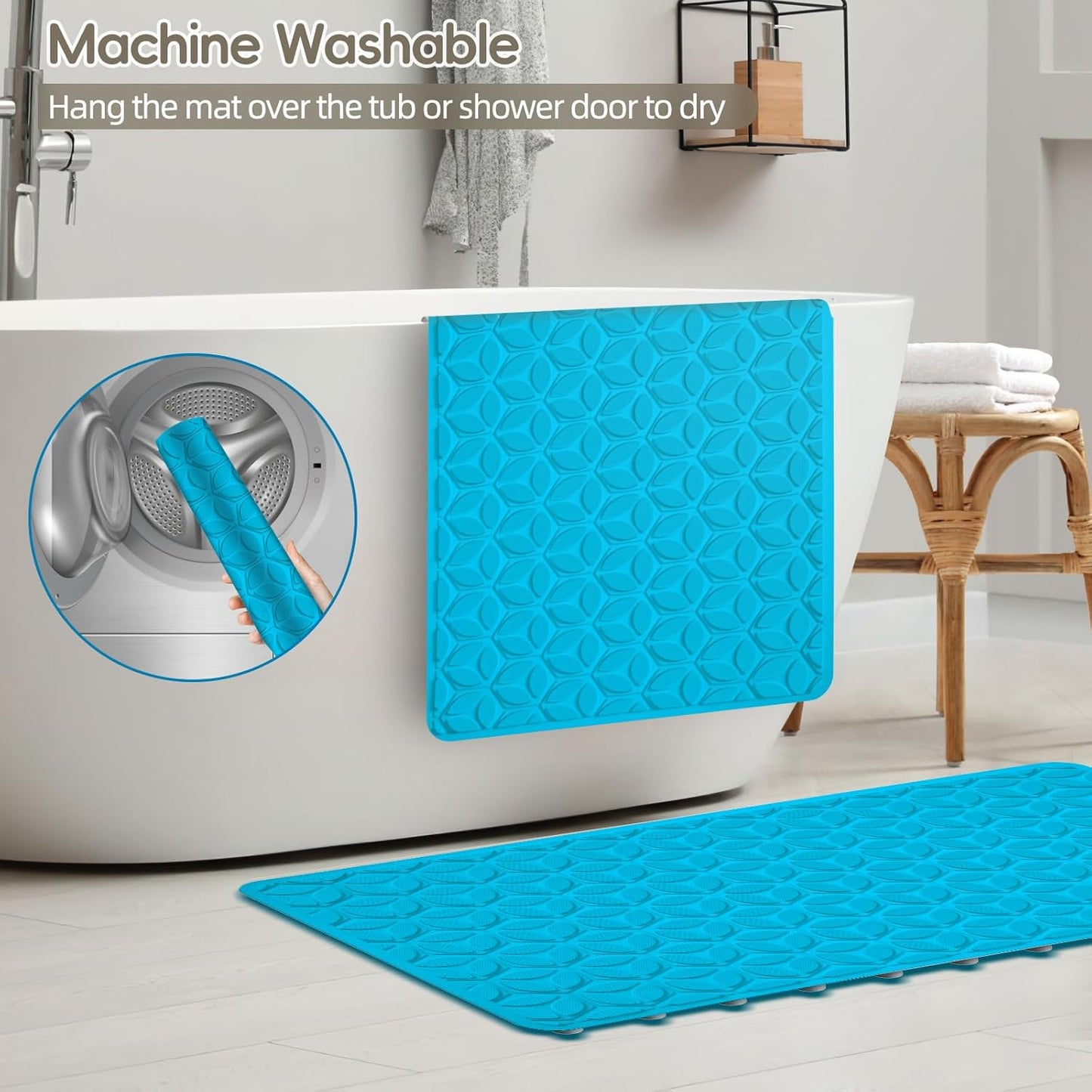 WRISIN Bathtub Mat Non Slip with Suction Cups - 100% Rubber Bathroom Mat Textured for Bath Tub Shower Safety - Soft on Touch - BPA/PVC Free - Pet Dog Bath Mat - Machine Washable - 16 × 28 Inch(R Blue)