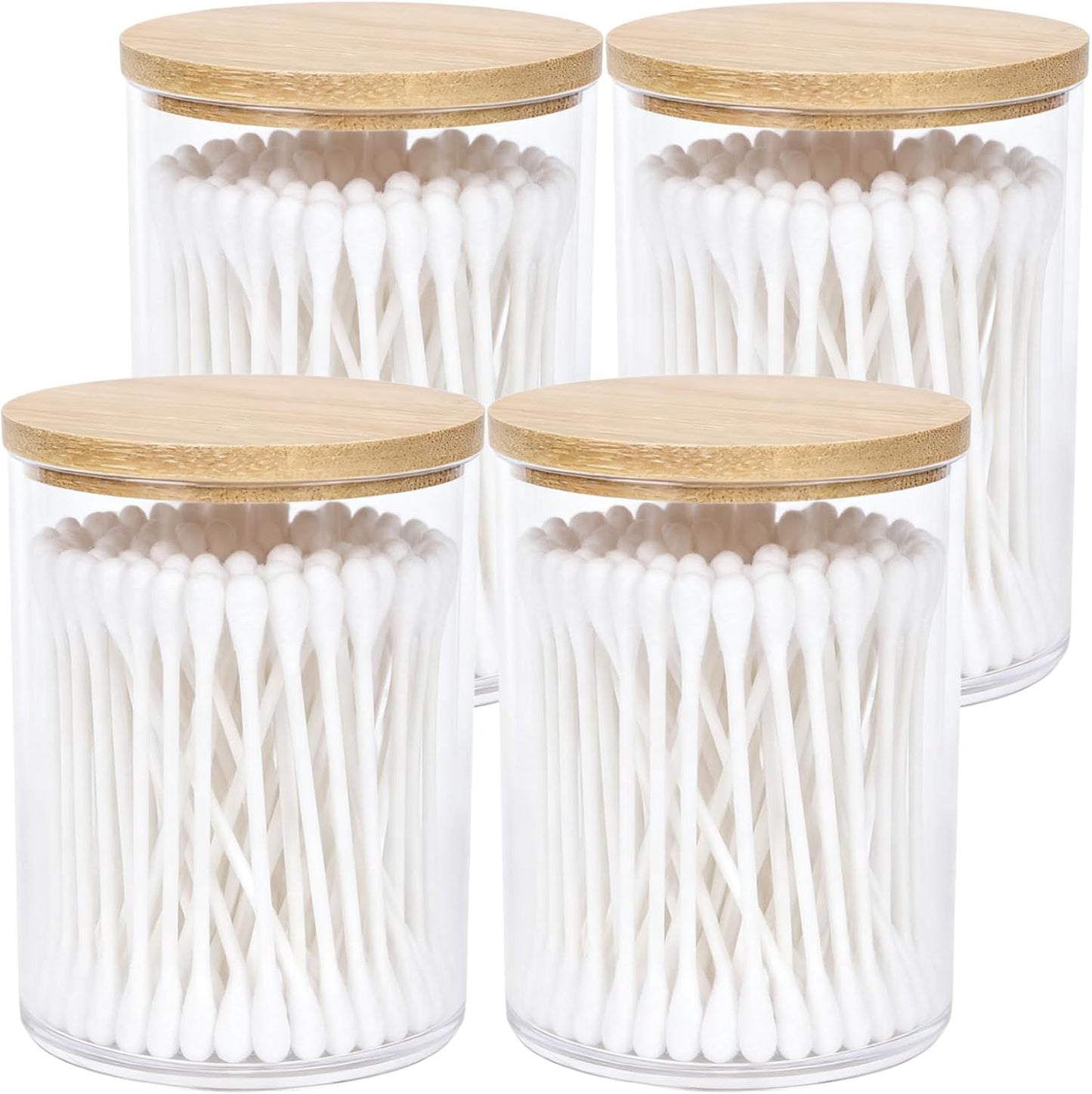 AXX Qtip Dispenser Apothecary Jars Bathroom - Qtip Holder Storage Canister Clear Plastic Jar for Cotton Swab,Q-Tips,Cotton Rounds (H#Bamboo 4Pcs)