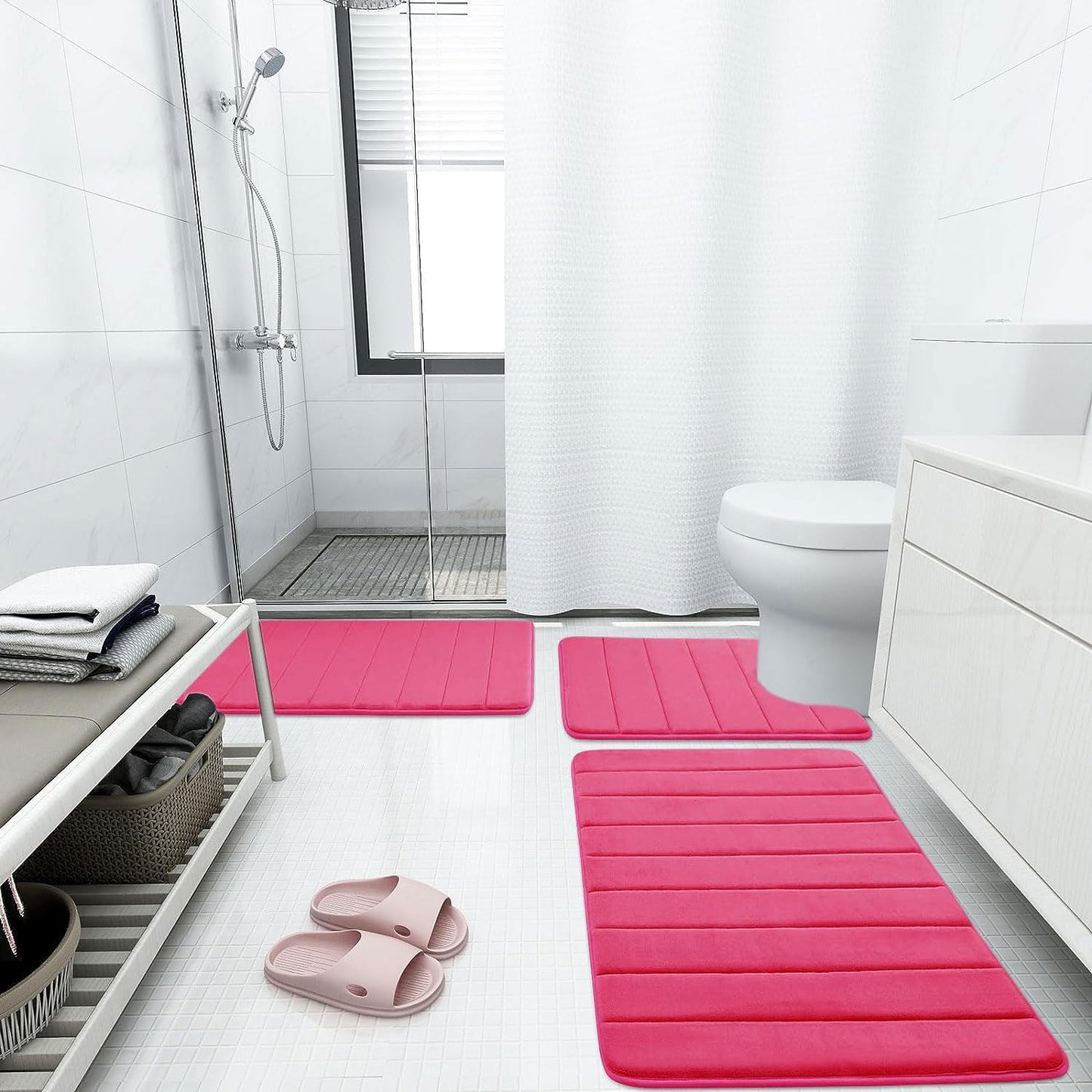 Buganda Memory Foam Bath Mat, 55" x 24", Ultra Soft and Non-Slip Bathroom Rugs, Water Absorbent and Machine Washable Bath Rug Runner for Bathroom, Shower, and Tub, Deep Pink