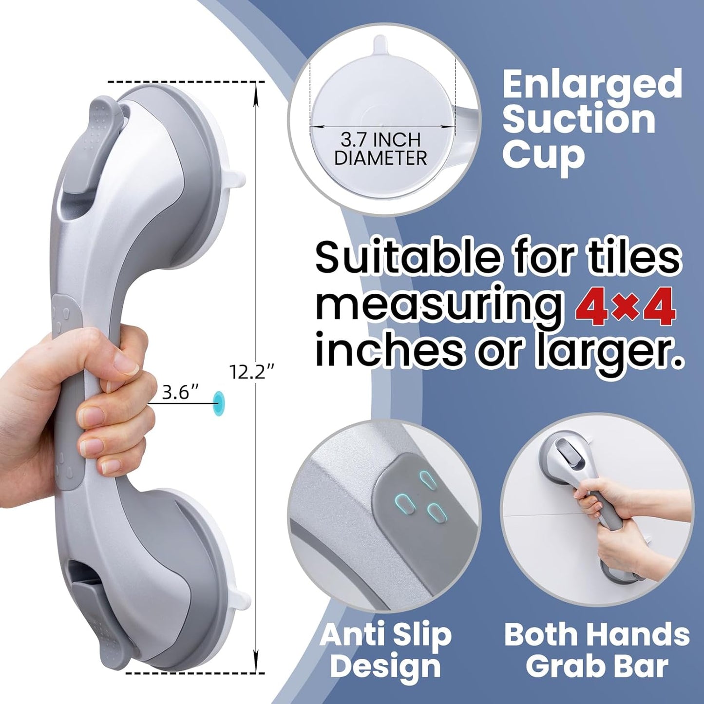 Shower Grab Bar Suction Cup 12 inch, 2 Pack Grab Bars for Bathtubs, Bathroom Safety Grip Shower Handle for Elderly and Seniors, Bath Handrails Removable Waterproof No Drilling Silver