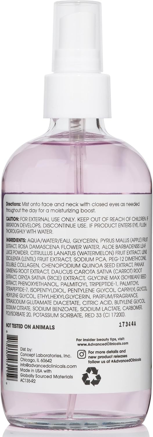 Advanced Clinicals Collagen Rosewater Face Mist Skin Care Reviving & Hydrating Facial Mist for Face | Instant Hydration Face Spray Toner with Pure Rose Water, Collagen, & Natural Extracts, 7.5 Fl Oz