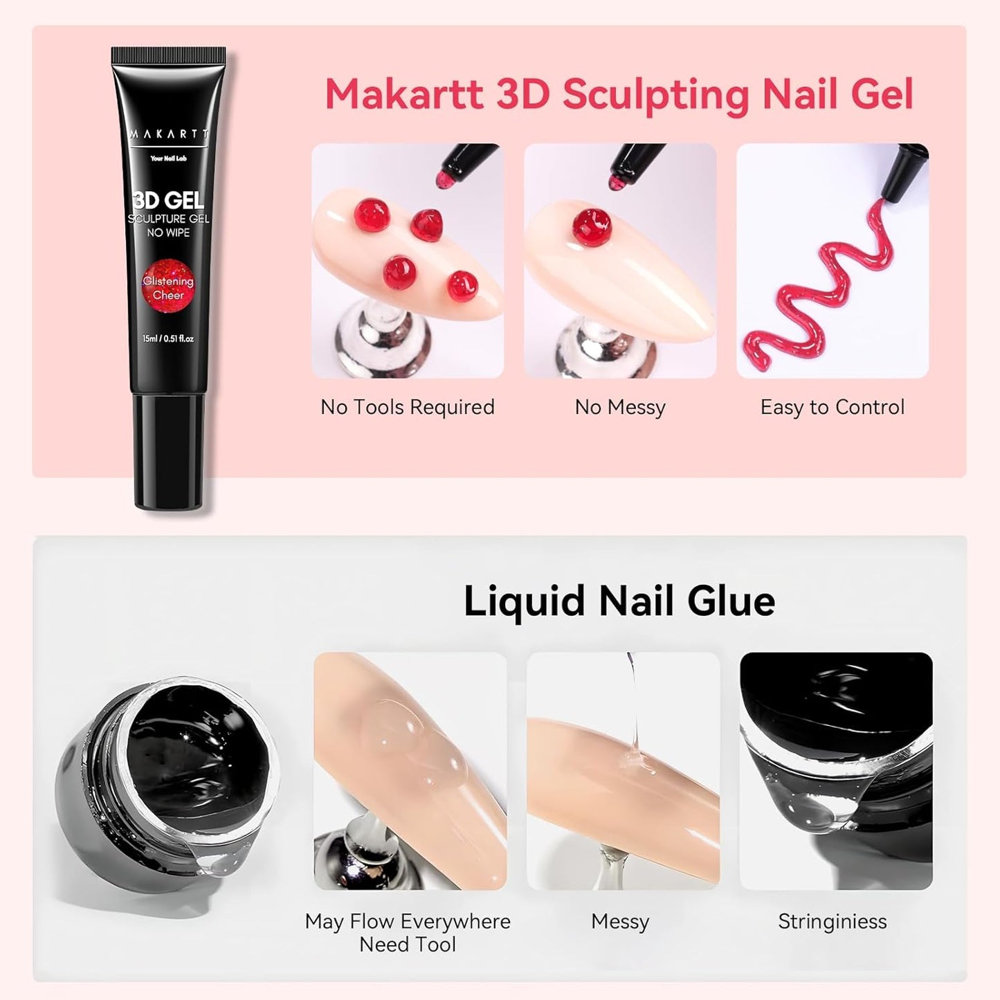 Makartt 3D Gel Nail Art: 3D Sculpting Gel for Nail Art Design 15ml 3 in 1 No Wipe Gel Polish for Drawing Carving Nails Gel, Molding Embossed Gels for Nail Decoration DIY Manicure - Glistening Cheer