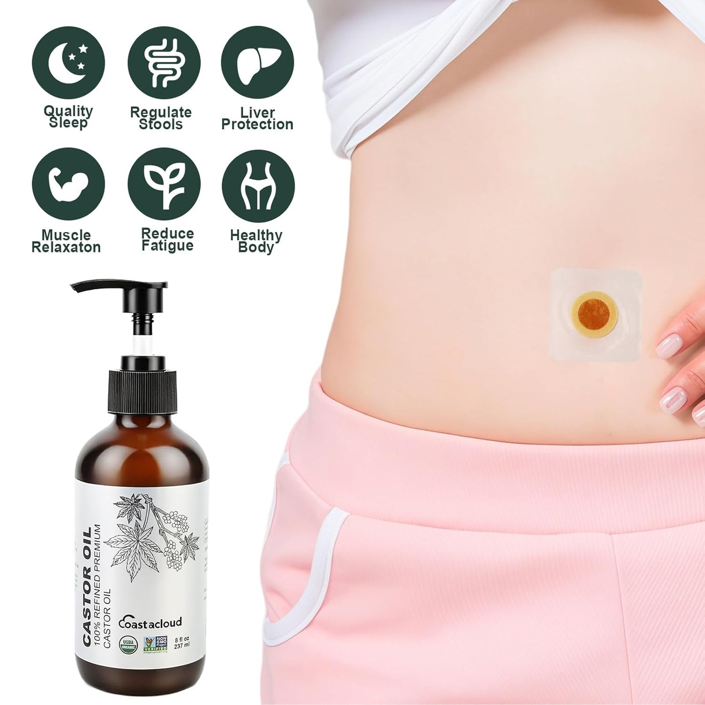 Organic Castor Oil 8oz for Hair Growth Skin Moisturizer, 100% Pure Hexane-Free Eyebrow Eyelash Growth Serum, with 10PCS Castor Oil Patches for Belly Button, Glass Bottle with Pump Dropper