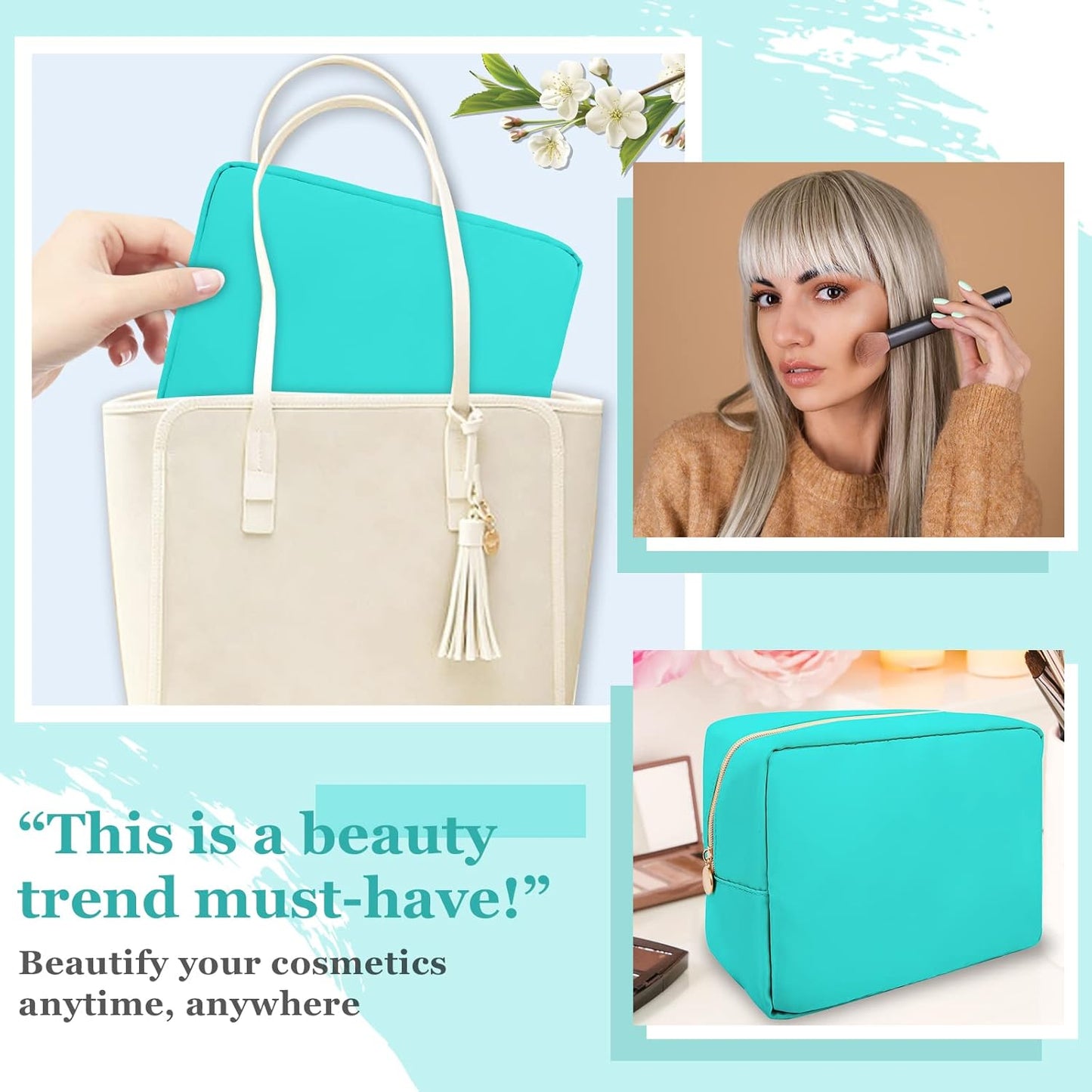 Nylon Large Makeup Bag Travel Pouch for Women, Preppy Big Makeup Bag Cute Cosmetic Zipper Pouch Purse, DIY Chenille Letter Bag Waterproof Toiletry Bag Clutch Make Up Organizer for Women Girls(Mint)