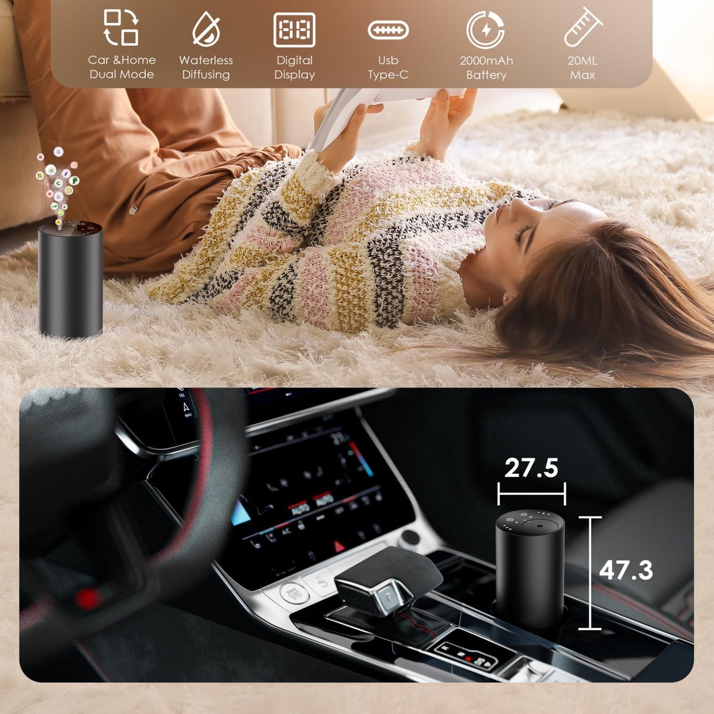 Waterless Essential Oil Diffuser, Portable Aromatherapy Diffuser, Mini Scent Machine, Battery Operated, 1/4/8-Hour Timer, 20ml Capacity, 3 Mist Levels for Home, Car, Room Office,No included oil(Black)