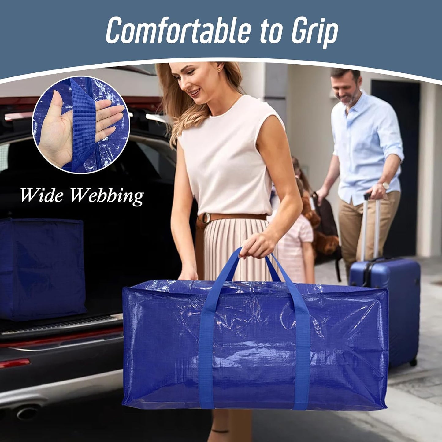 12 Pack Extra Heavy Duty Large Moving Bags with Strong Zipper & Comfortable Handles, Sturdy & Durable Clothes Storage Bags Totes Bins, Packing Moving Boxes for College Supplies, Blue