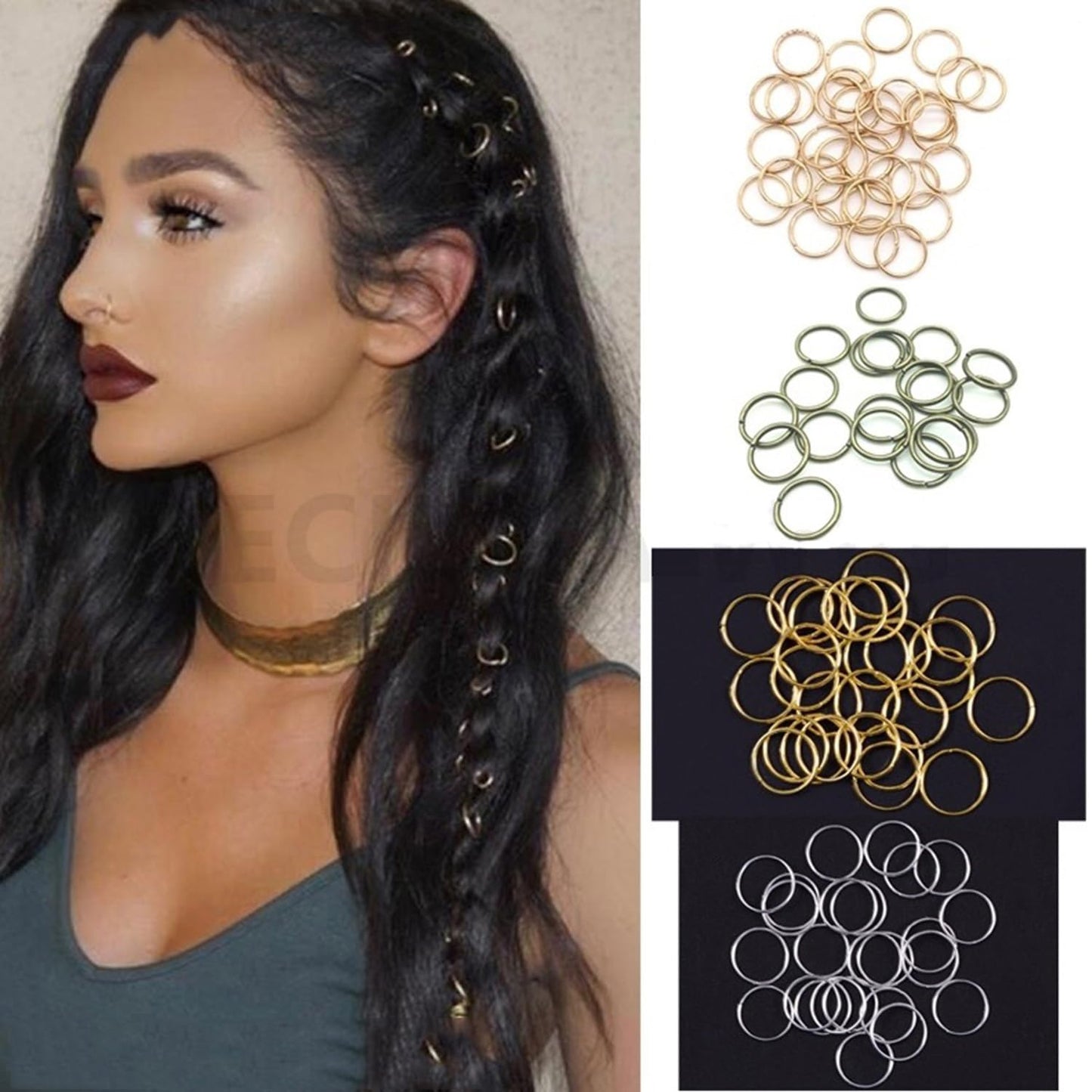 SEVENHEAD 50 Pcs Dreadlock Beads Hair Accessories Circle Rings Adjustable Cuffs Braiding Hair Decoration Clips Metal Hair Decoration for Braids(KC Gold 1mm*10mm)