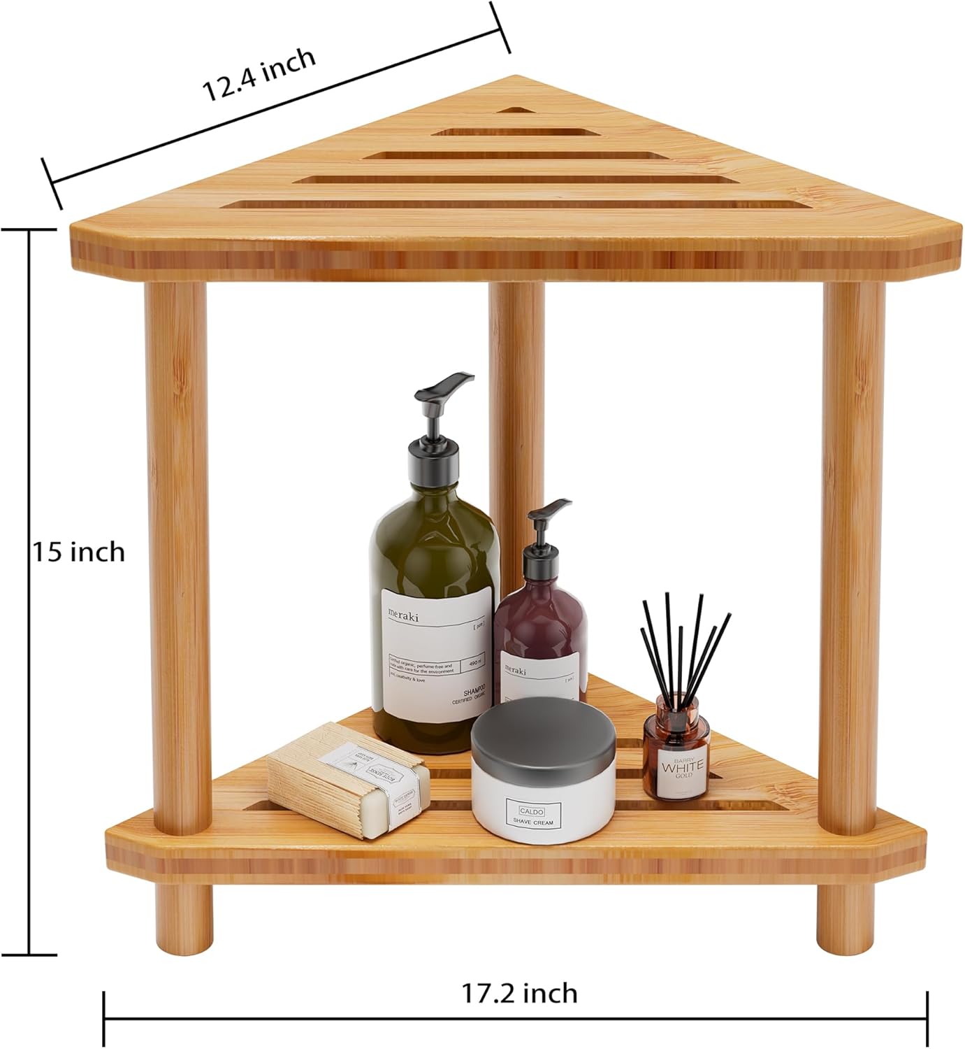 Ollieroo Bamboo Corner Shower Stool for Shaving Legs, 2-Tier Shower Stool for Inside Shower, Shower Foot Stool with Storage Shelf(Natual)