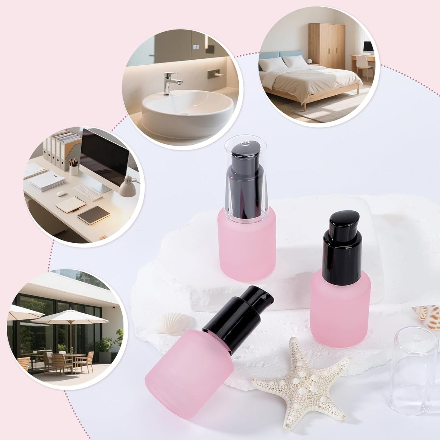 Segbeauty 0.5oz Frosted Glass Lotion Pump Bottles, 3pcs Refillable Travel Size Containers for Lotions, 15ml Pink Glass Small Travel Containers for Creams, Mini Hair Oil Bottle Pump Dispenser Empty