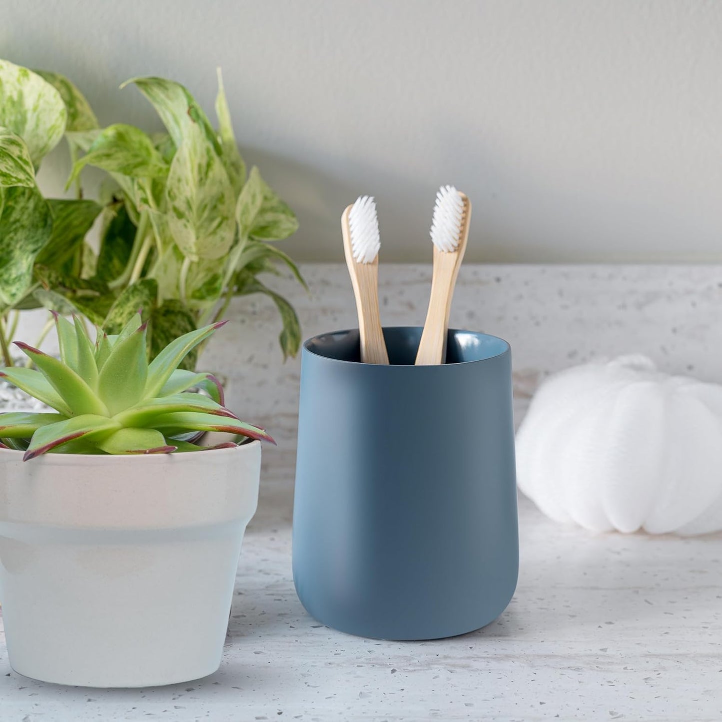 Matte Blue Toothbrush and Toothpaste Holder and Cup for Bathroom Vanity and Countertop, Round Organizer for Electric Toothbrushes, Floss, Razors, Cotton, and Mouthwash