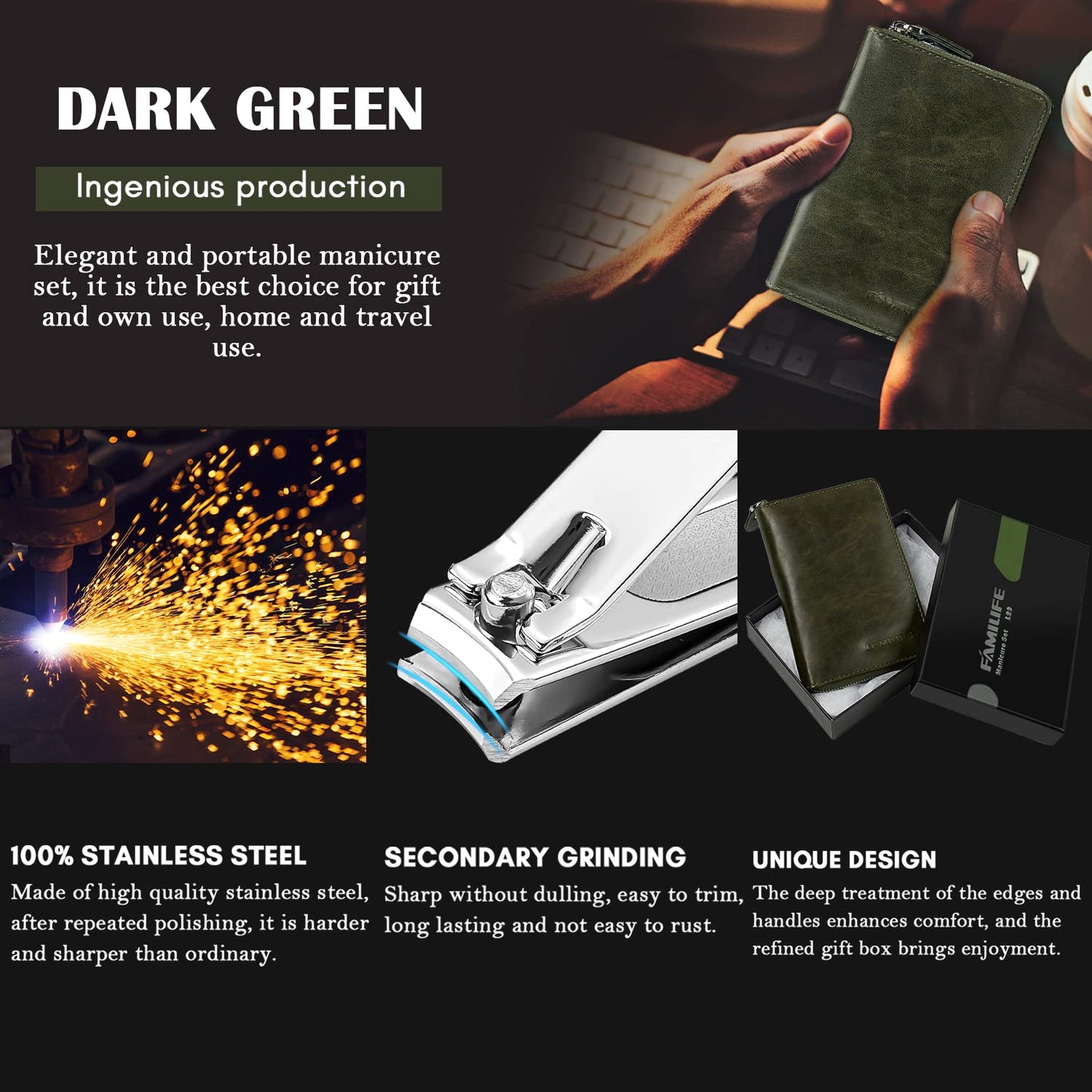 FAMILIFE Manicure Set, Professional Manicure Kit Nail Clippers Set 11 in 1 Stainless Steel Nail Pedicure Tools Kit Grooming Tool with Portable Green Leather Travel Case Luxury Gifts for Women and Men